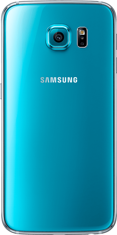 三星 桌布 壁紙 — 在明亮燈光下，帶有相機閃光燈和標誌的亮面青綠色Samsung智慧型手機背面。