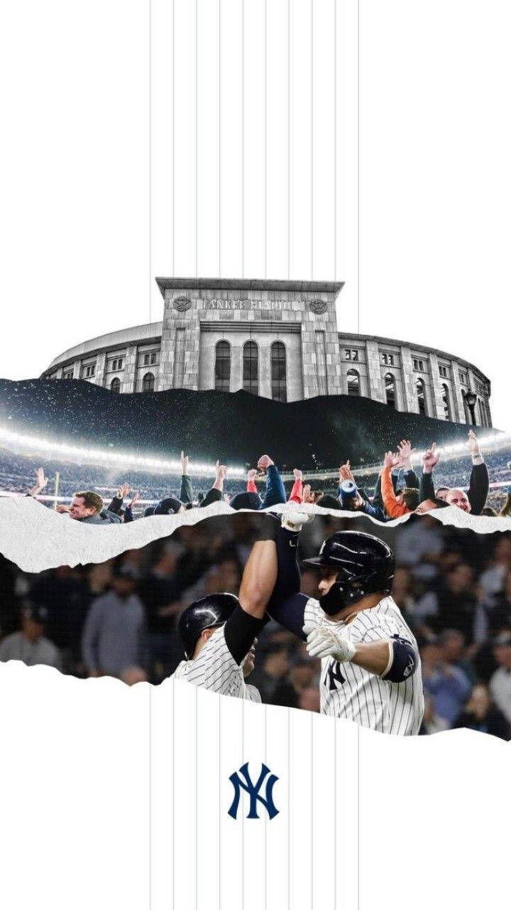 New York Yankees iPhone 桌布 壁紙 — 在明亮球場燈光下，洋基隊球員在洋基體育場慶祝的撕紙拼貼畫。