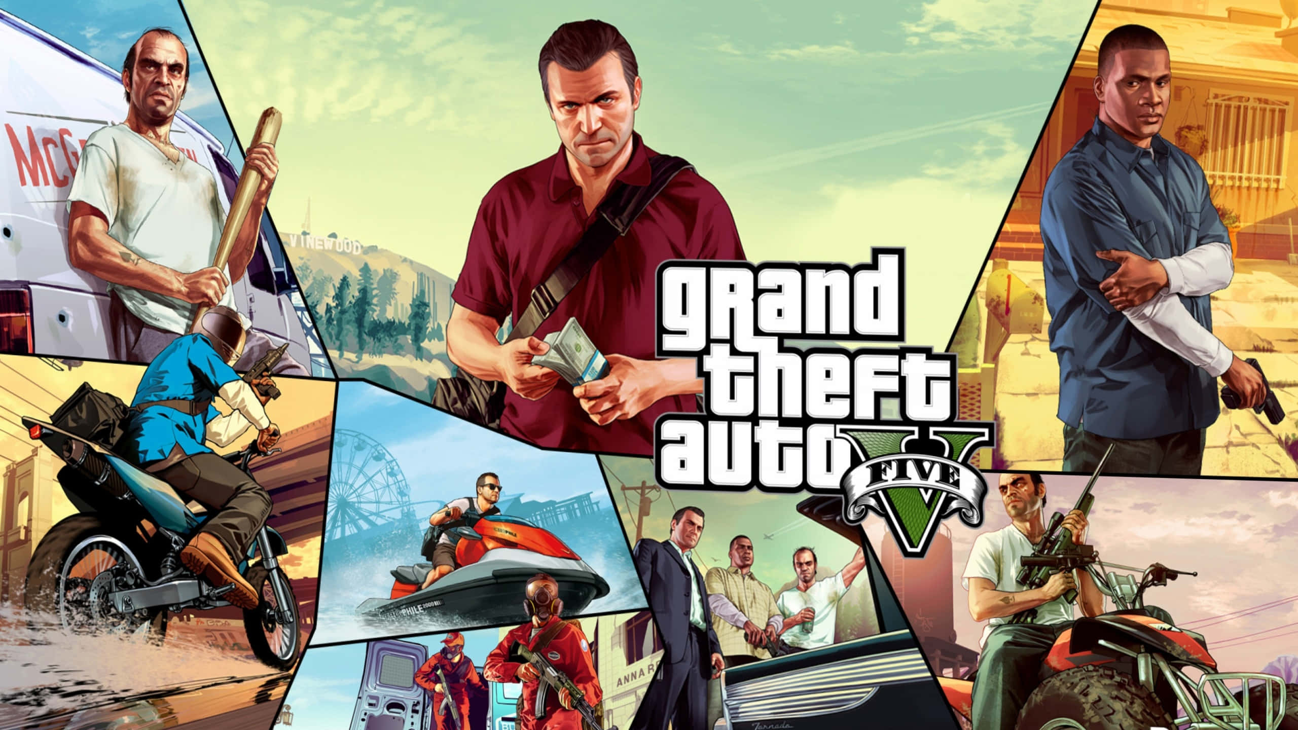 桌布 壁紙 — 在明亮的天空下，Grand Theft Auto V 角色在動作場景中與車輛和武器的生動拼貼。