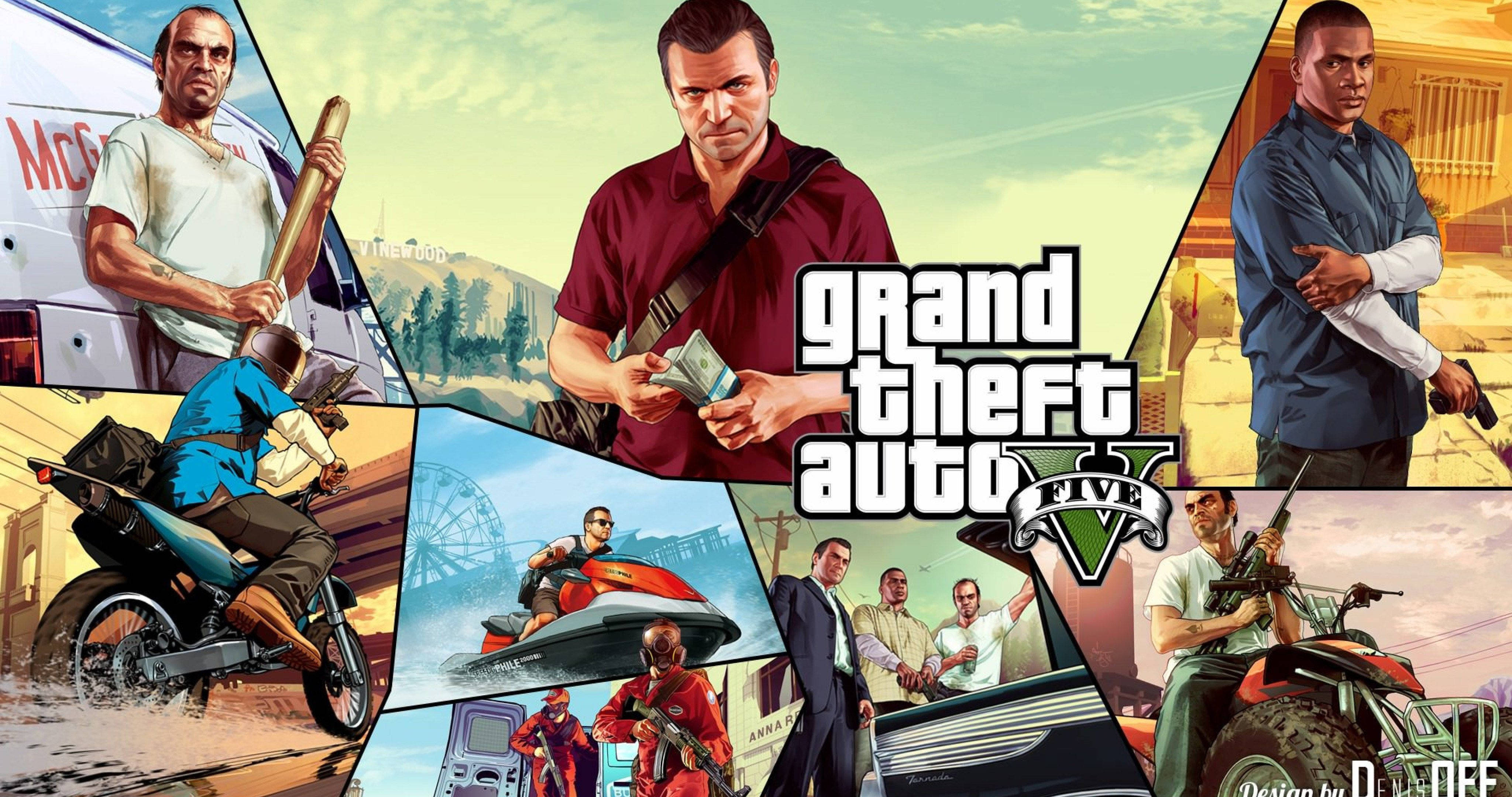 Gta 桌布 壁紙 — 在明亮的天空下，Grand Theft Auto V 角色在動作場景中與車輛和武器的拼貼畫。