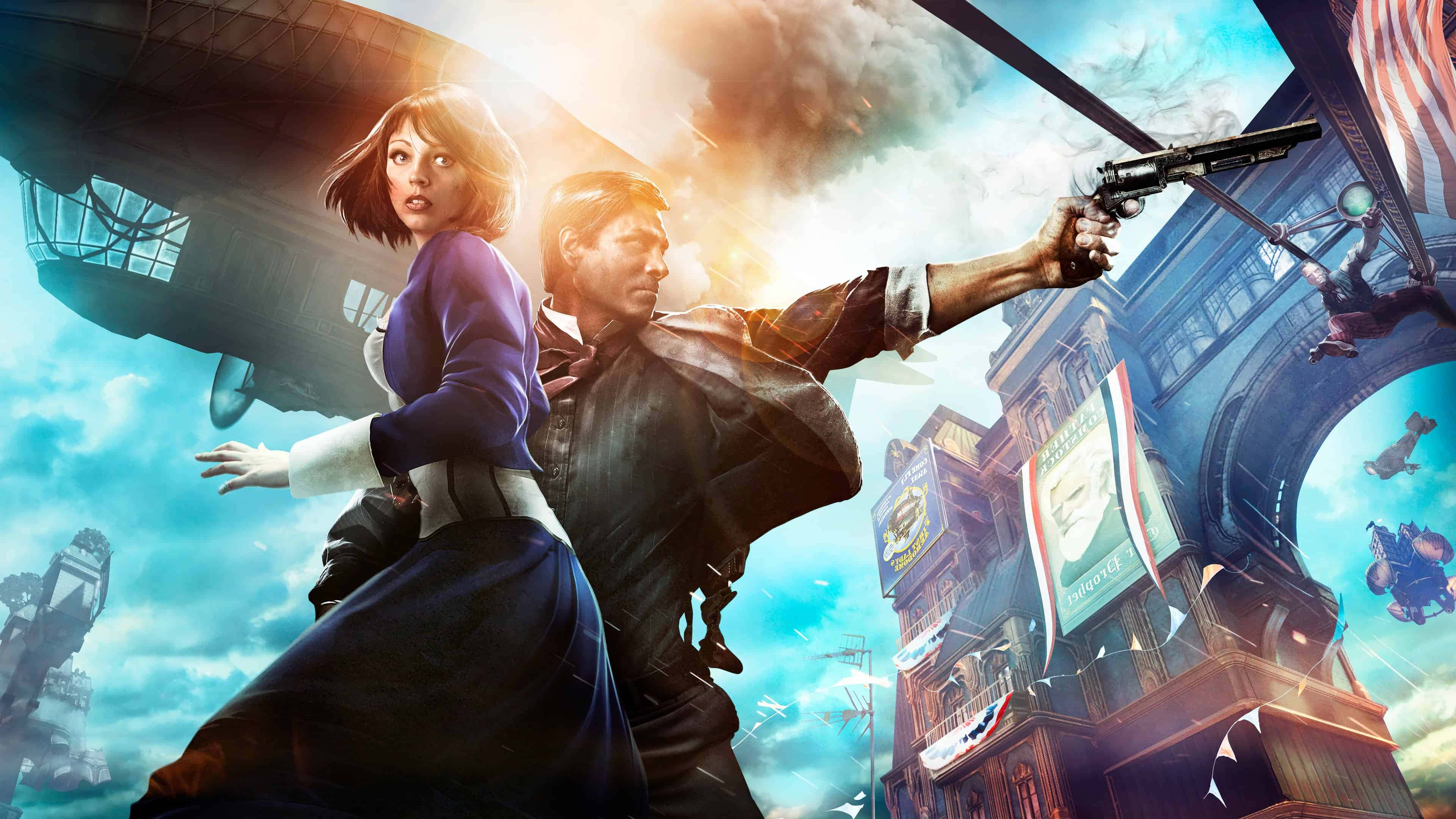 Best Bioshock Infinite 桌布 壁紙 — 在明亮的天空下，一男一女衝刺穿過蒸氣龐克城市景觀，飛行的飛船和飛艇在頭頂翱翔。