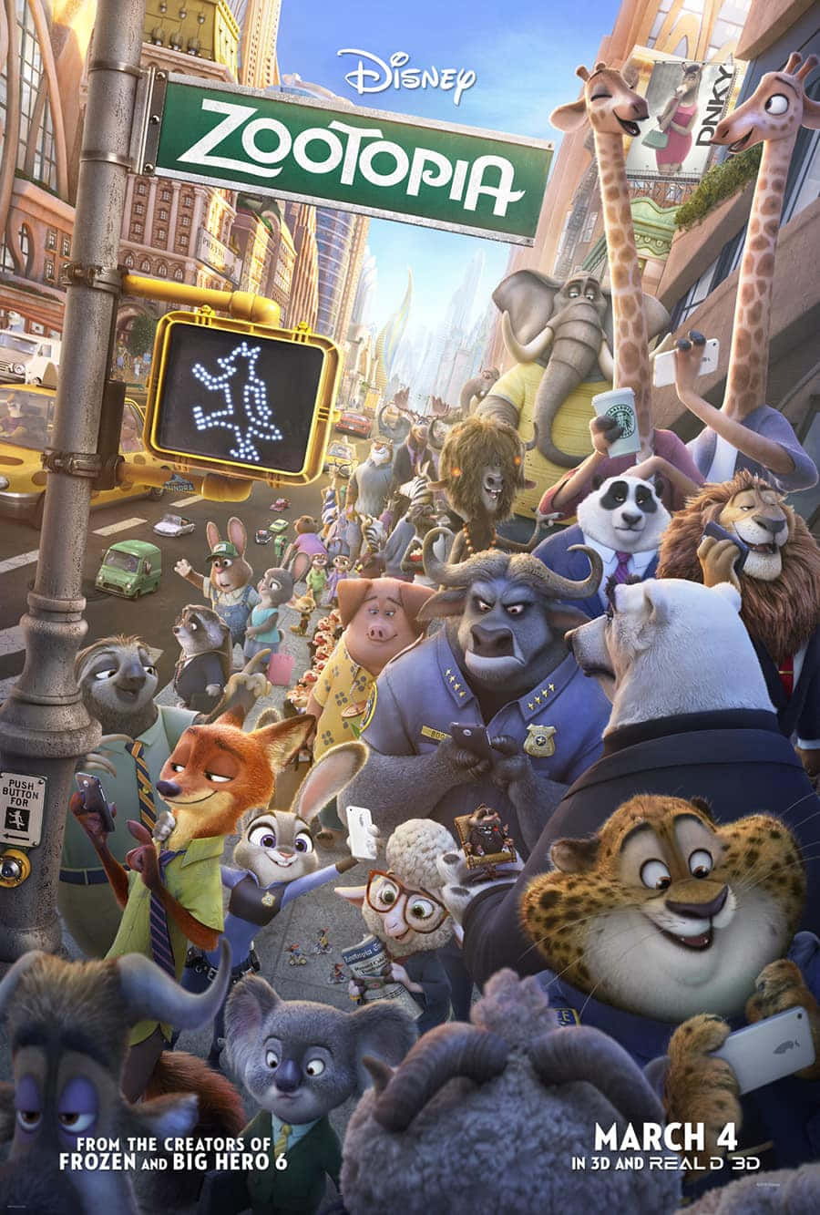 Disney 3d Movies 桌布 壁紙 — 在明亮的天空下，充滿各種擬人化動物的Zootopia繁忙動畫城市街道，牠們正穿過一個繁忙的十字路口。