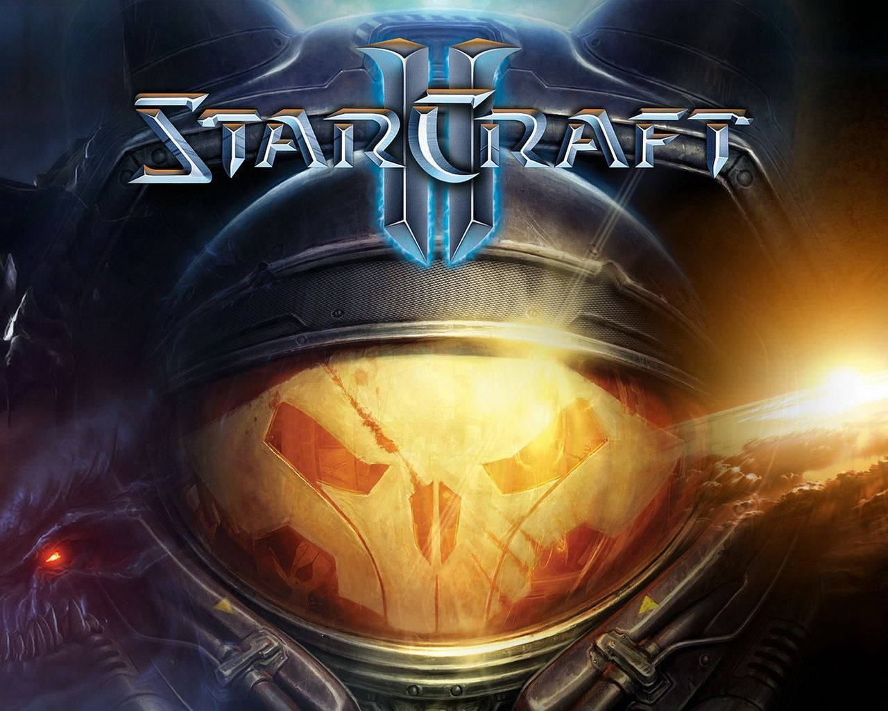 Starcraft 桌布 壁紙 — 在明亮的太陽下，一個Zerg戰士的頭盔在黑暗的科幻戰場上發出火橙色的光芒。