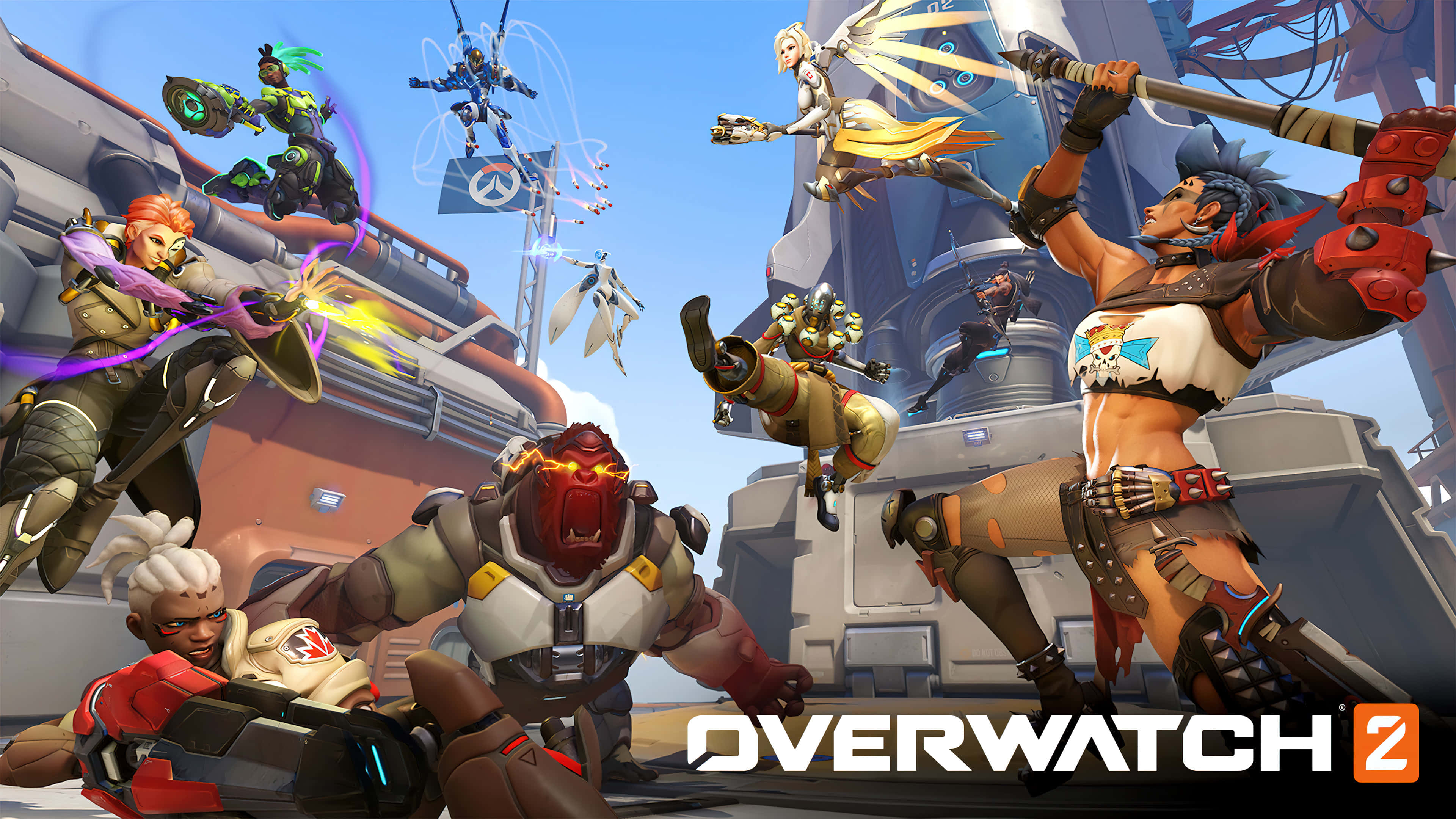Overwatch Heroes 桌布 壁紙 — 在明亮的日光下，動態的Overwatch 2英雄在戰鬥中，帶有能量效果和未來主義建築。