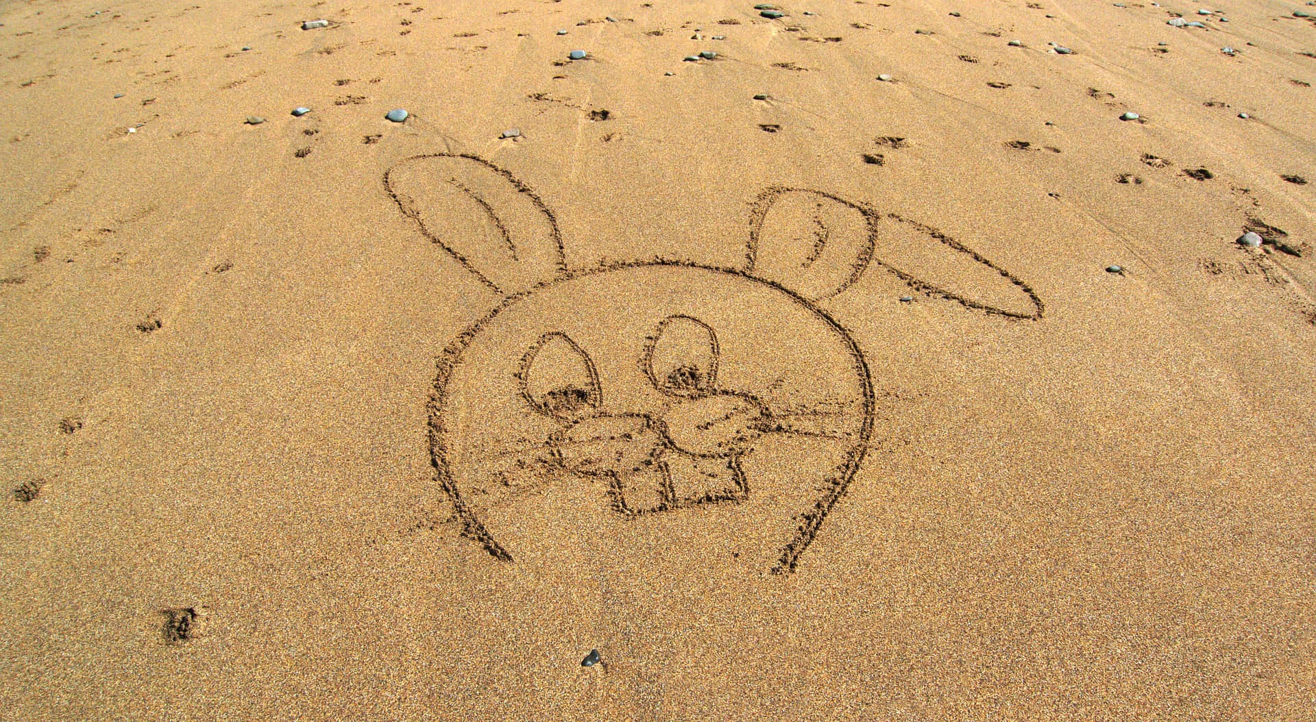 sand 桌布 壁紙 — 在明亮的日光下，沙灘上畫了一個簡單的兔臉，周圍散落著鵝卵石。