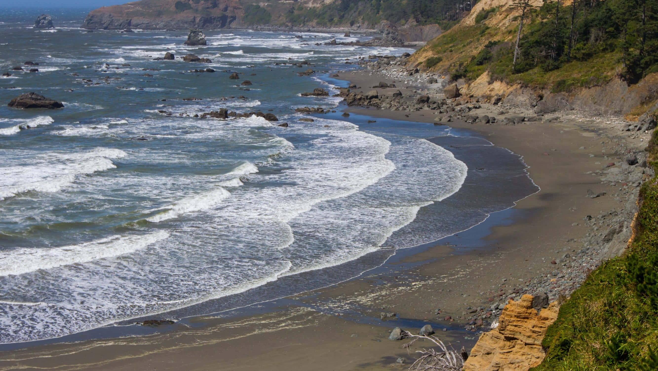 Oregon Coast 桌布 壁紙 — 在明亮的日光下，海浪拍打著崎嶇的岩石海灘，周圍有懸崖和綠植。