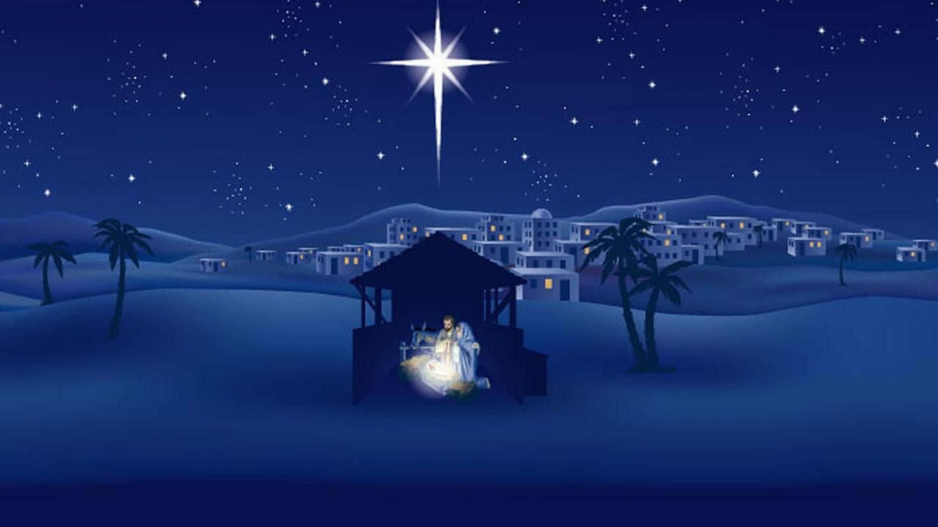 Nativity 桌布 壁紙 — 在明亮的星星下，夜晚沙漠中發光的耶穌誕生場景，遠處有建築物和棕櫚樹。