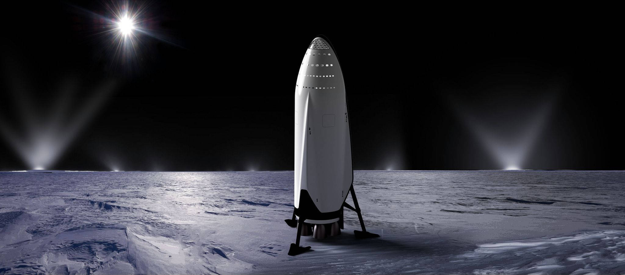 SpaceX 桌布 壁紙 — 在明亮的星星下，雪白的外星景觀上，一艘流線型的白色火箭在聚光燈的照射下蓄勢待發。