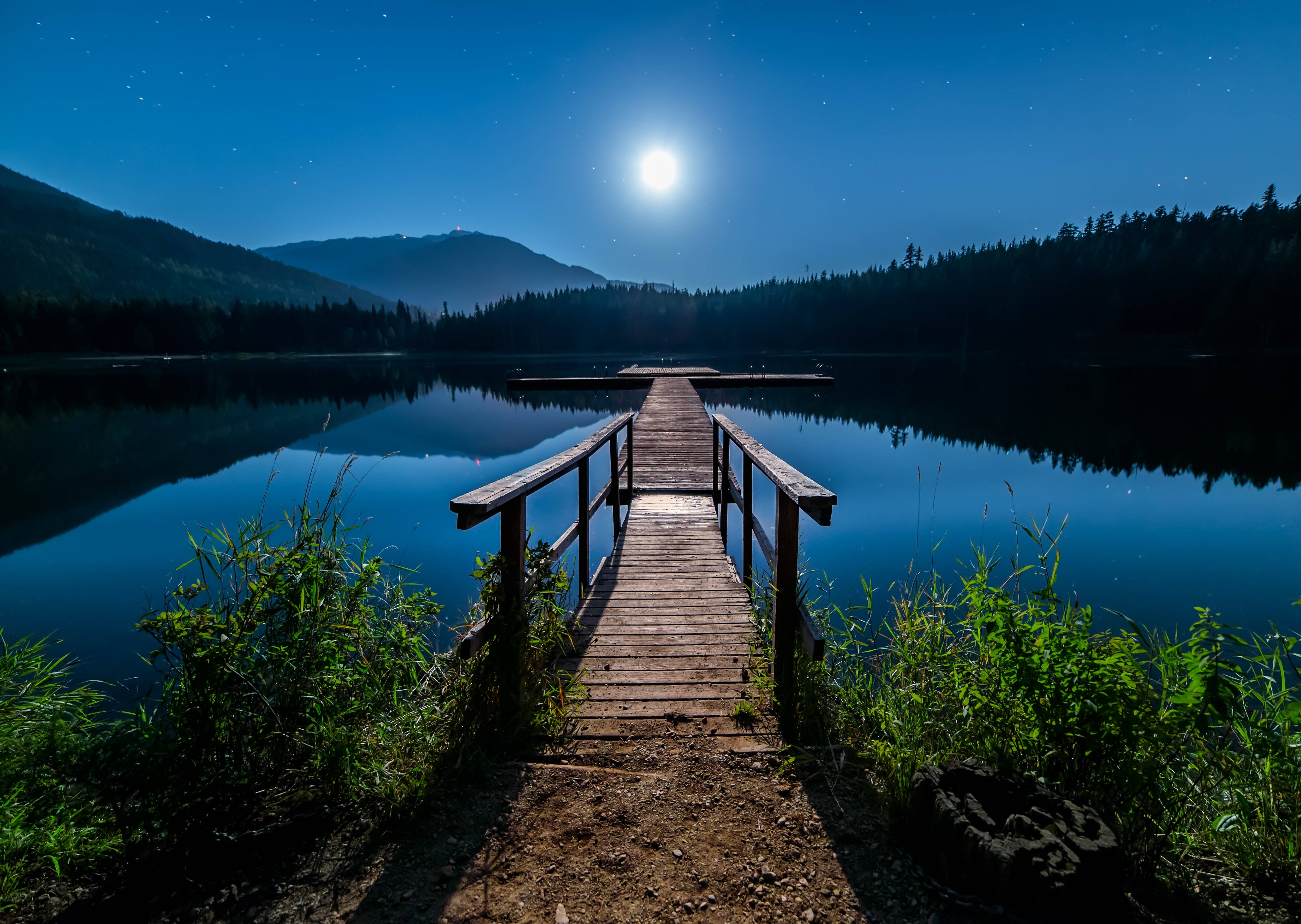 Night Aesthetic 桌布 壁紙 — 在明亮的月亮和星空下，一個木製碼頭延伸到寧靜的湖泊中，背景是森林覆蓋的山脈。