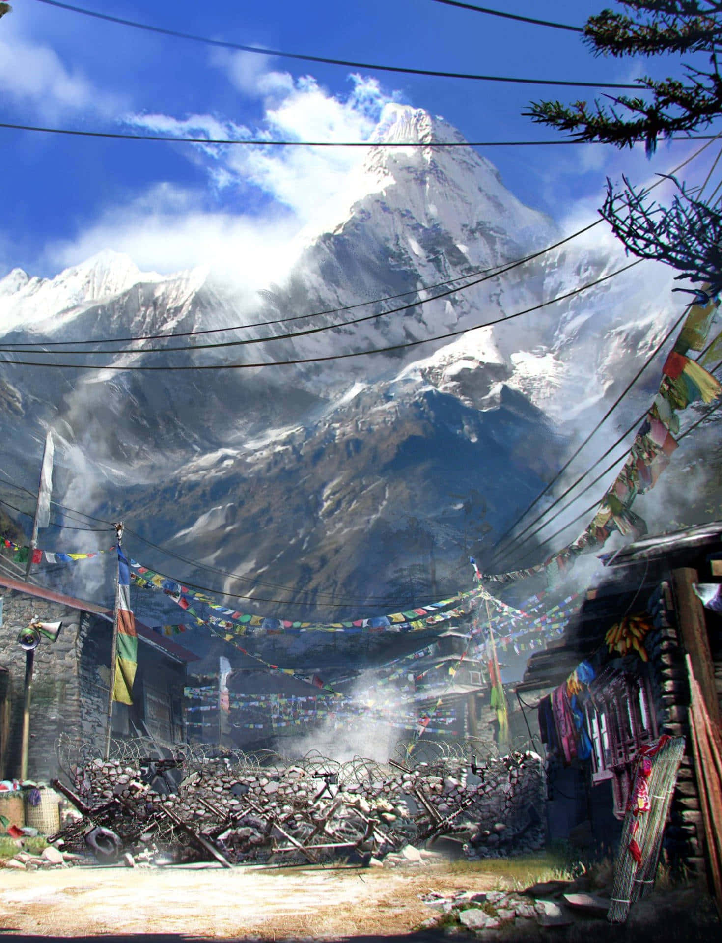 桌布 壁紙 — 在明亮的藍天下，一個充滿活力的山村坐落在高聳的雪山腳下。