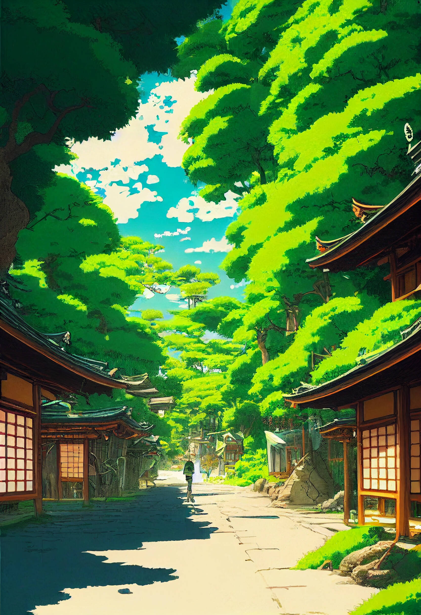 8位元日本 桌布 壁紙 — 在明亮的藍天下，一個孤獨的身影沿著一條陽光斑駁的石徑行走，兩旁是茂密的綠樹和傳統的日本木建築。