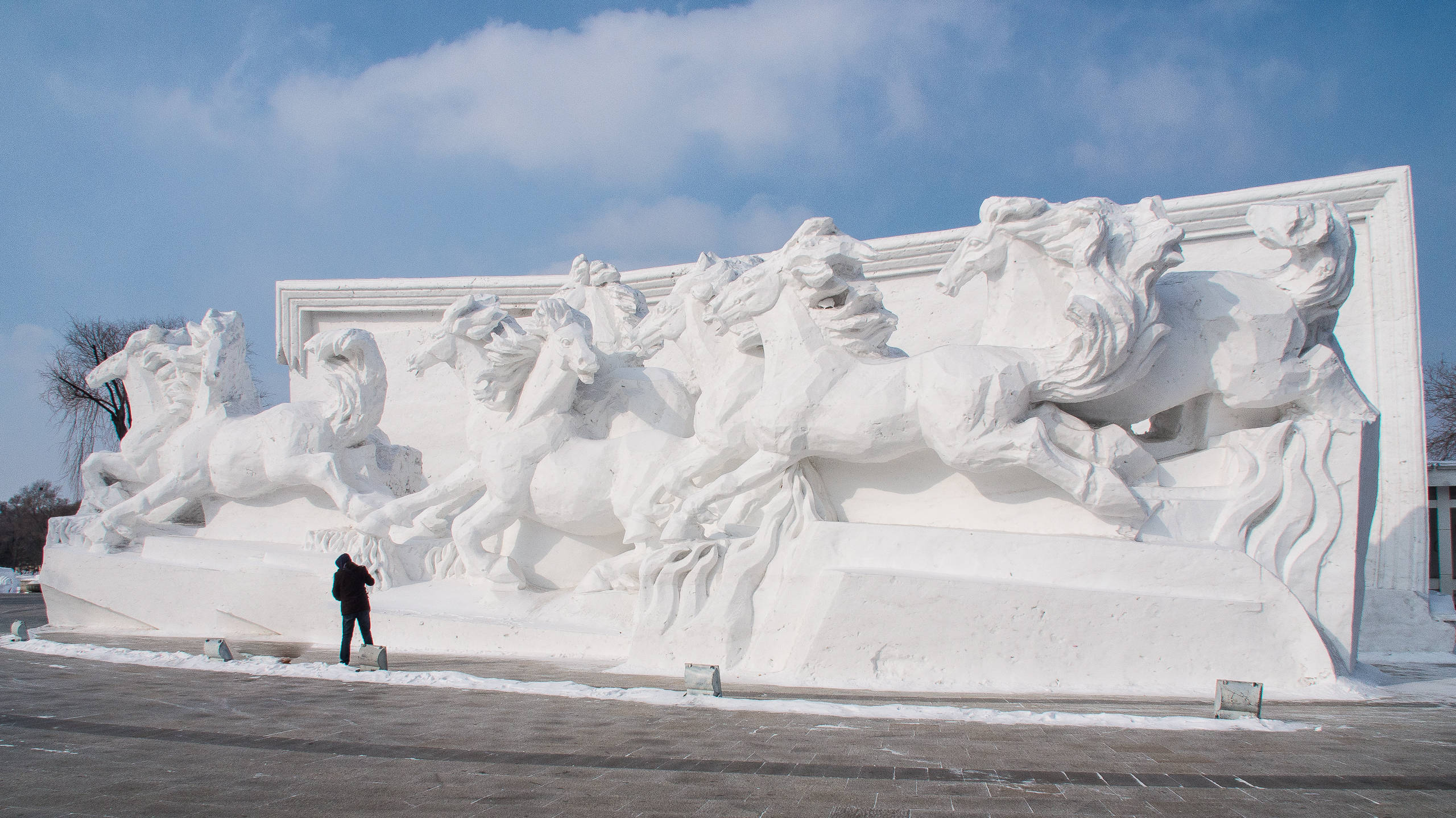 Harbin 桌布 壁紙 — 在明亮的藍天下，一組奔騰的馬匹的巨大雪雕，旁邊站著一個人作為比例參考。