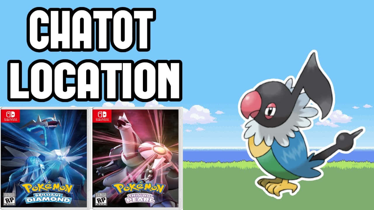 寶可夢 桌布 壁紙 — 在明亮的藍天下，一隻卡通Chatot指向右邊，旁邊是Pokémon Diamond和Pearl的遊戲封面。