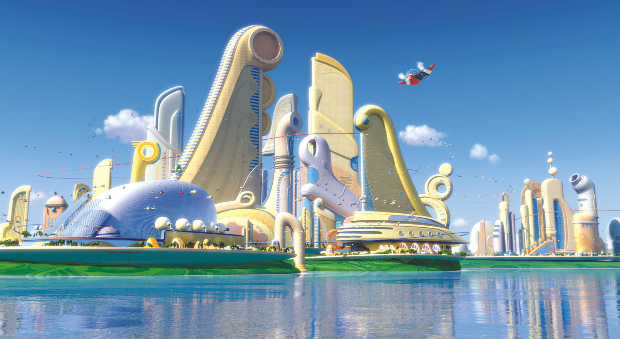 meet the robinsons 桌布 壁紙 — 在明亮的藍天下，平靜的水面倒映著未來主義的城市景觀，建築物以金色和藍色為主，風格奇特。