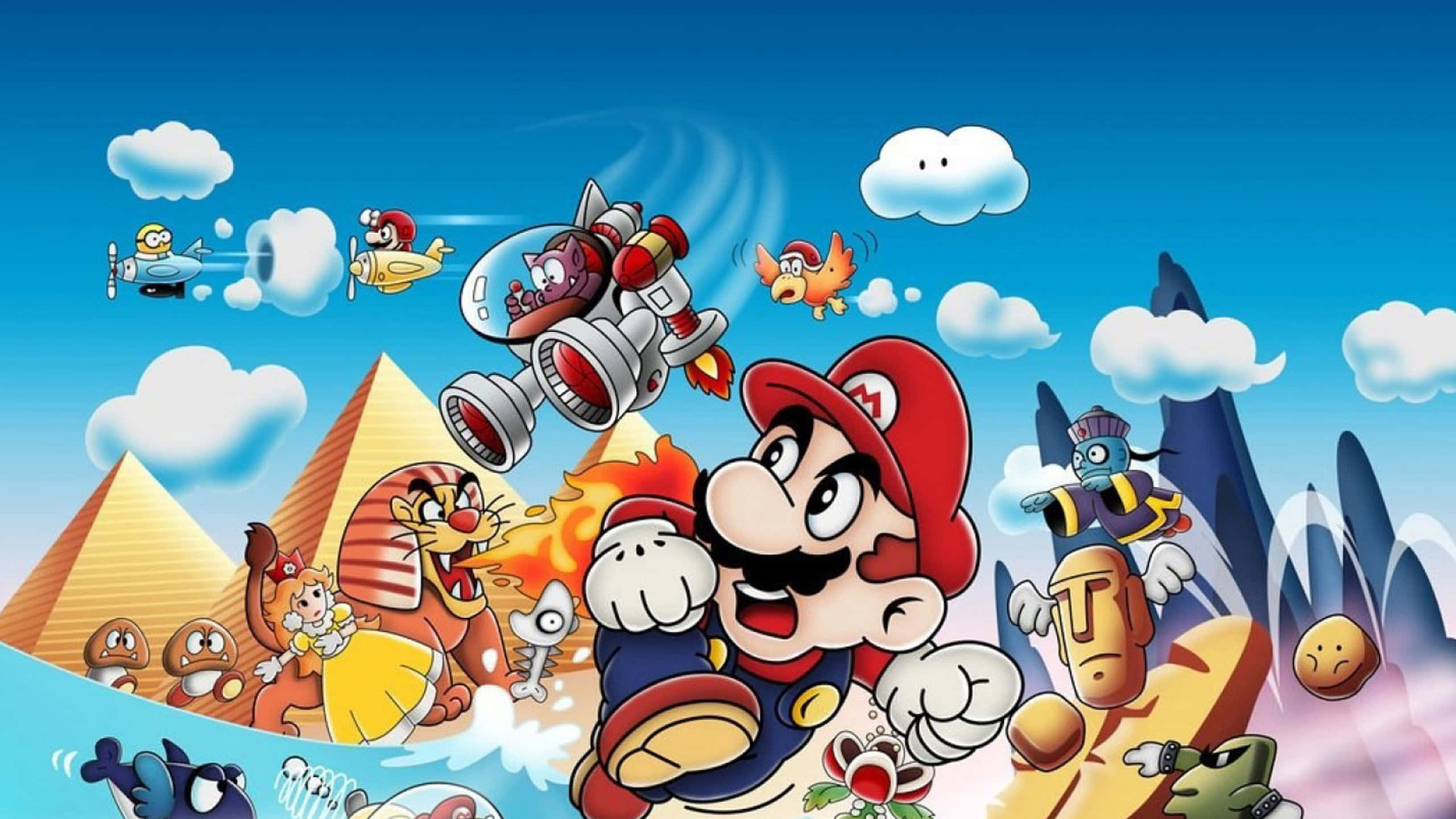 Cartoon Games 桌布 壁紙 — 在明亮的藍天下，瑪利歐在一個充滿動感的卡通場景中，有飛行敵人和金字塔。