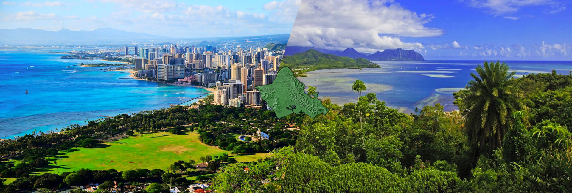 海濱城市與擁有綠色山丘和藍色海洋的熱帶島嶼相遇。 — 夏威夷 壁紙
