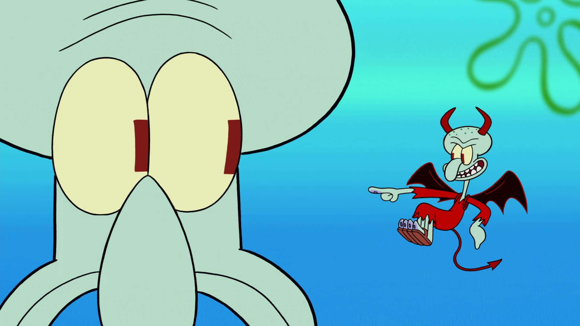 Aesthetic Squidward 桌布 壁紙 — 在明亮的藍色海底場景中，Squidward 震驚地看著一個細小惡魔版的自己指責地指著他。