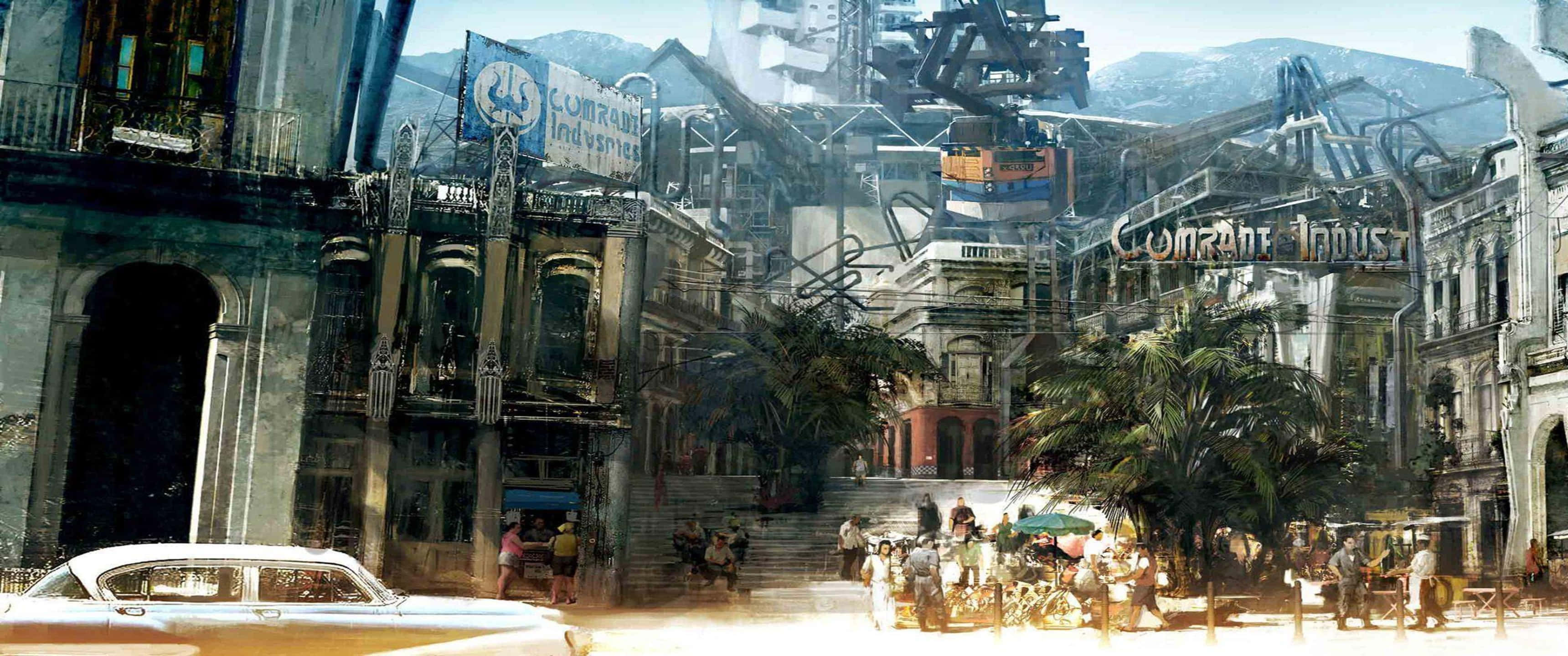 3440x1440p Final Fantasy Xv 桌布 壁紙 — 在明亮的陽光下，一條繁華的未來城市街道融合了復古汽車、高聳的霓虹燈摩天大樓和棕櫚樹。