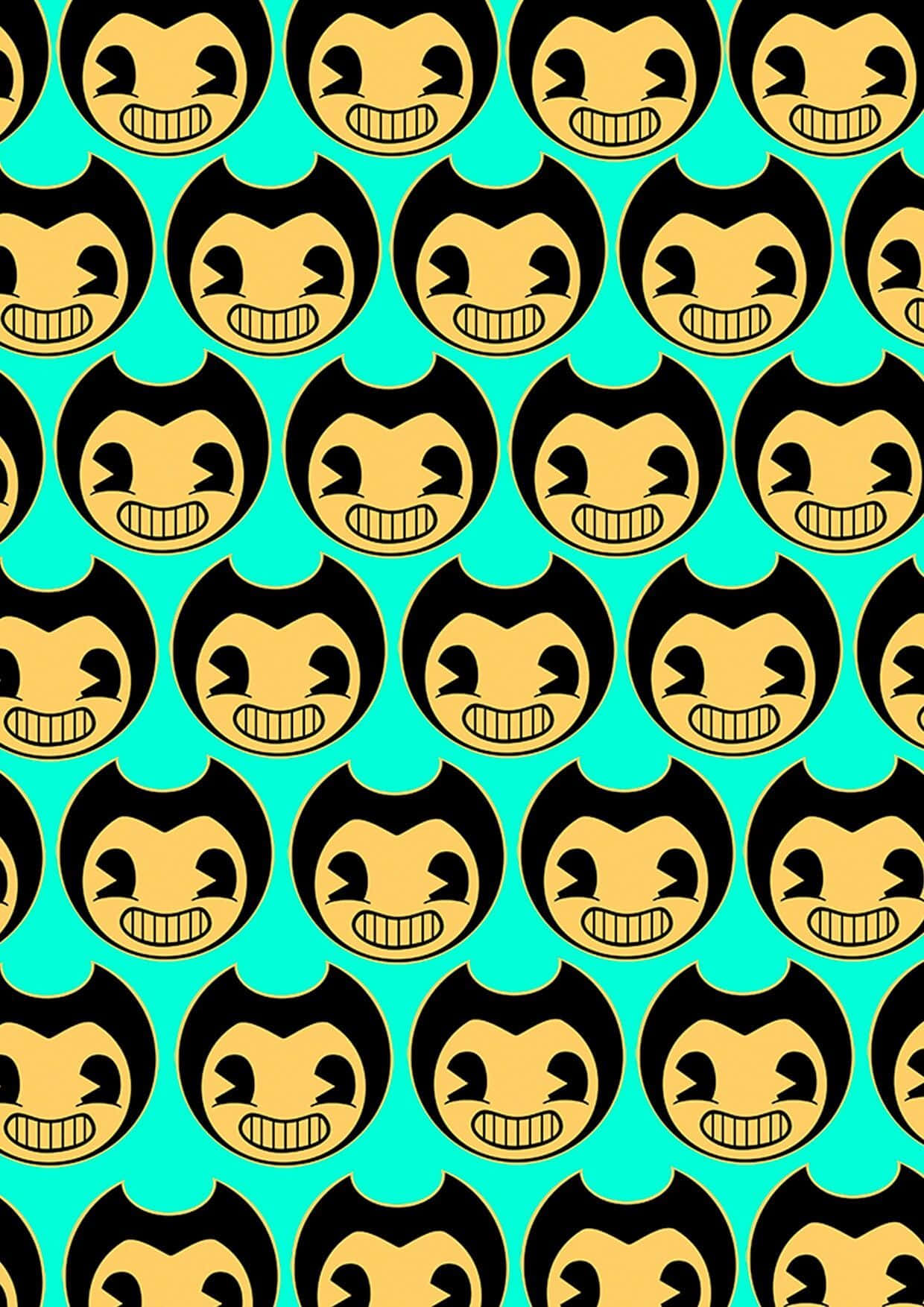 Bendy 桌布 壁紙 — 在明亮的青綠色背景上重複的黃色卡通笑臉圖案，露出燦爛的笑容。