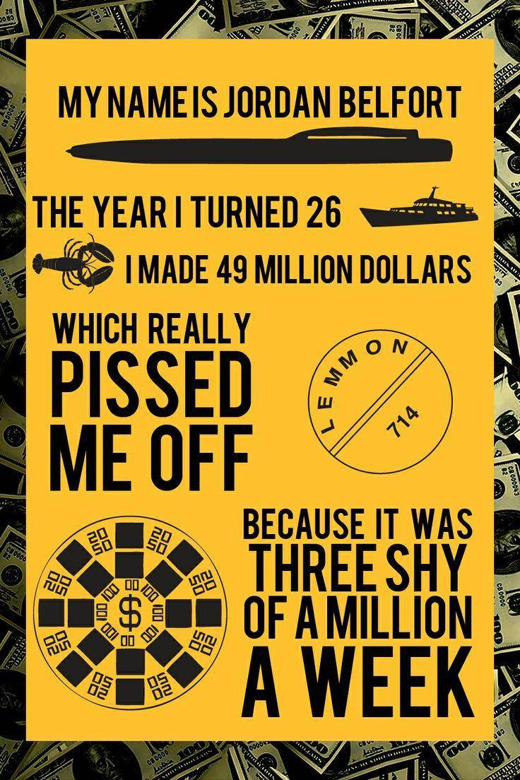 Wolf Of Wall Street 桌布 壁紙 — 在明亮的黃色背景上，粗體黑色文字宣告了喬丹·貝爾福特的金融故事，背景是散落的美元鈔票。