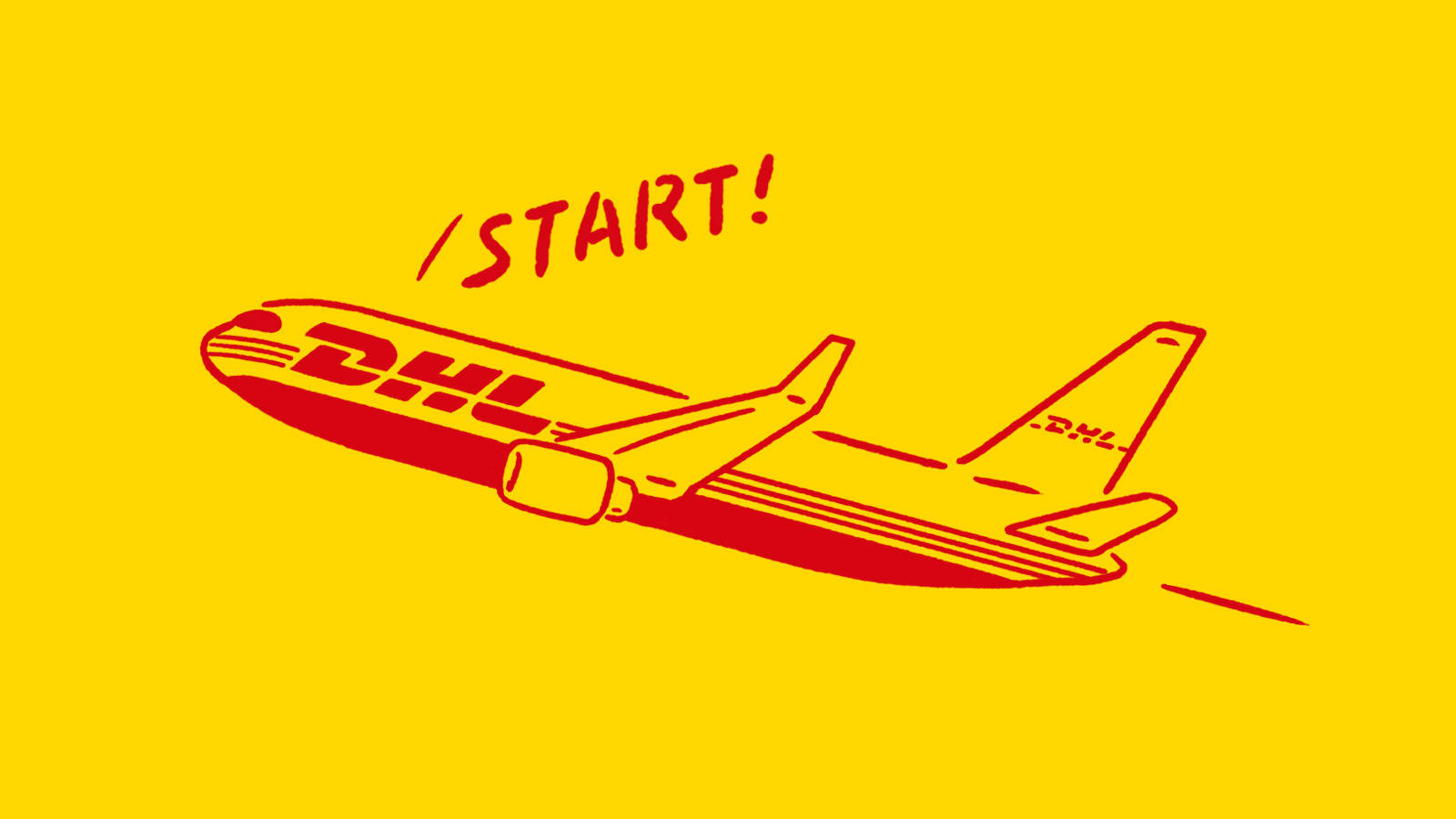 Dhl 桌布 壁紙 — 在明亮的黃色背景上的紅色DHL飛機插圖，帶有文字START！