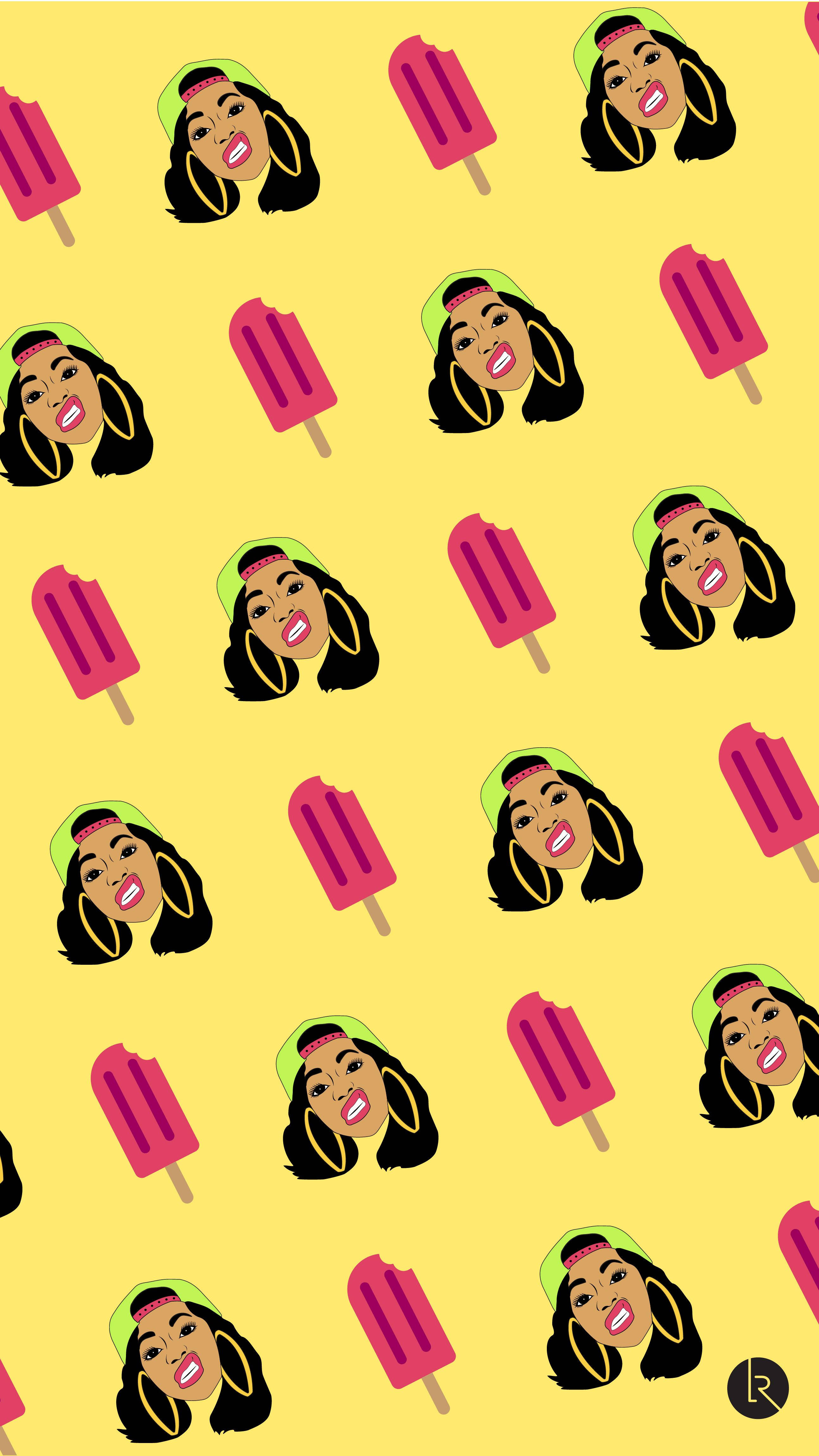 cardi 桌布 壁紙 — 在明亮的黃色背景上重複出現微笑女性面孔和粉紅色冰棒圖案。
