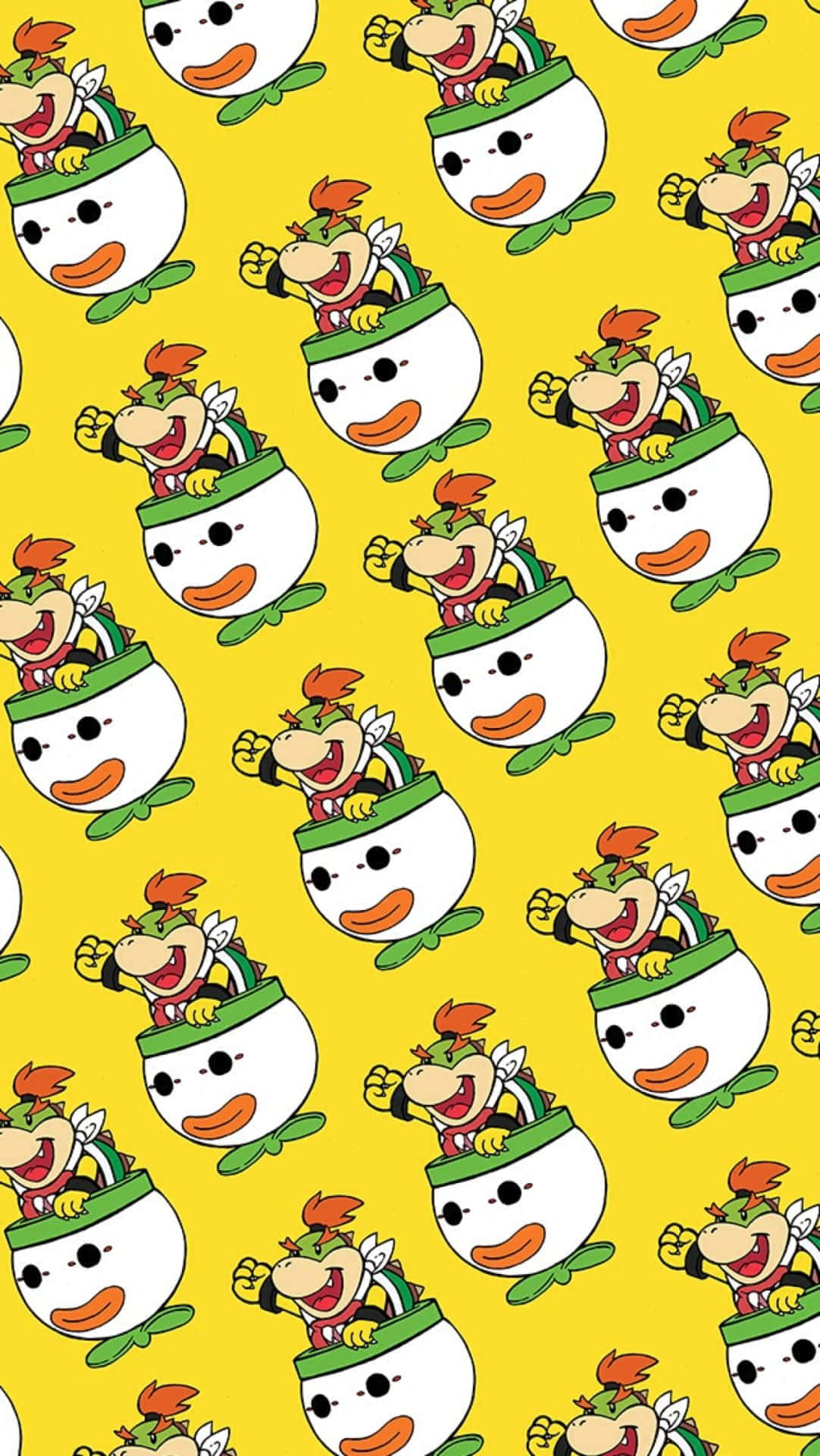 Bowser Jr 桌布 壁紙 — 在明亮的黃色背景上重複出現戴著綠色帽子的歡樂卡通人物圖案。