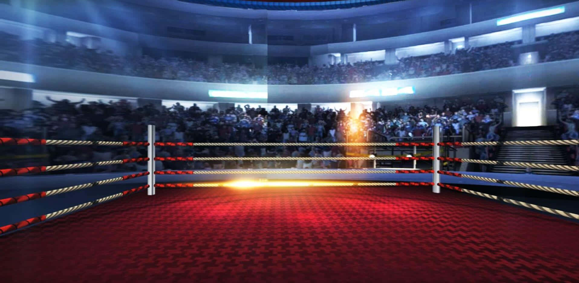 Wrestling Ring 桌布 壁紙 — 在明亮聚光燈下閃爍紅光的拳擊擂台，場內座無虛席，觀眾專注觀看。