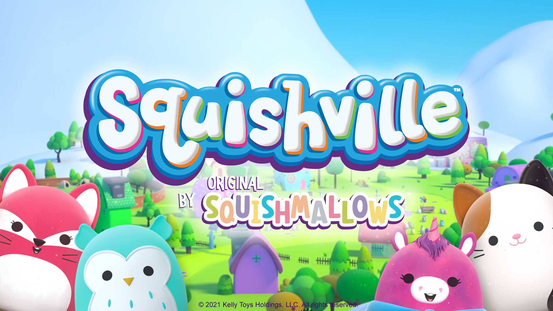 Squishville標誌，在色彩繽紛村莊裡有可愛毛絨動物角色。 — Squishmallows 壁紙
