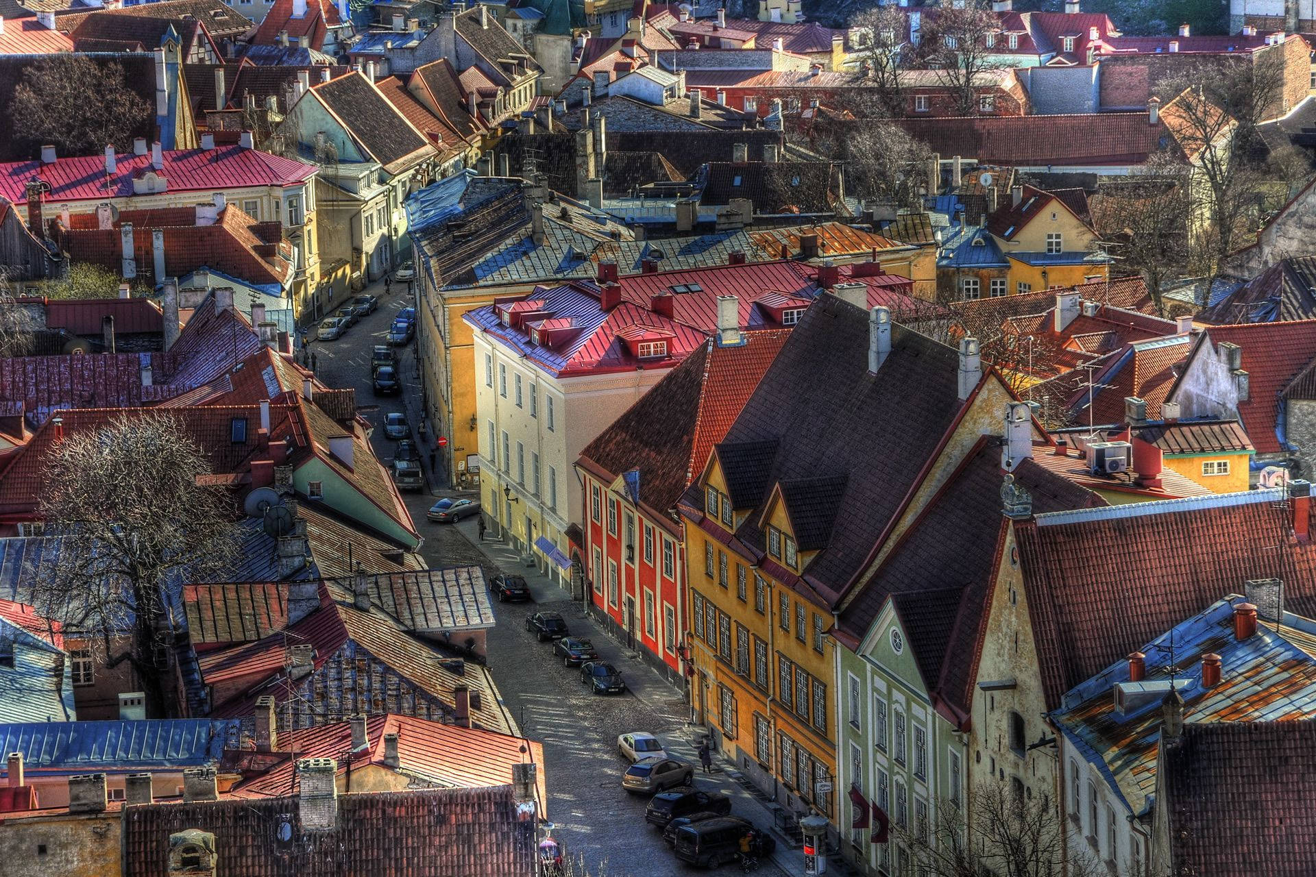 Estonia 桌布 壁紙 — 在明亮陽光下，一個歷史悠久的歐洲小鎮的鳥瞰圖，擁有色彩繽紛的建築物和紅色瓦片屋頂。