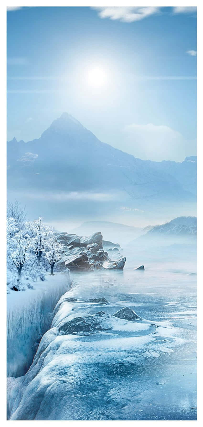 Cute Winter Phone 桌布 壁紙 — 在明媚陽光下，白雪覆蓋的山脈和冰凍瀑布構成的寧靜冬日景觀。