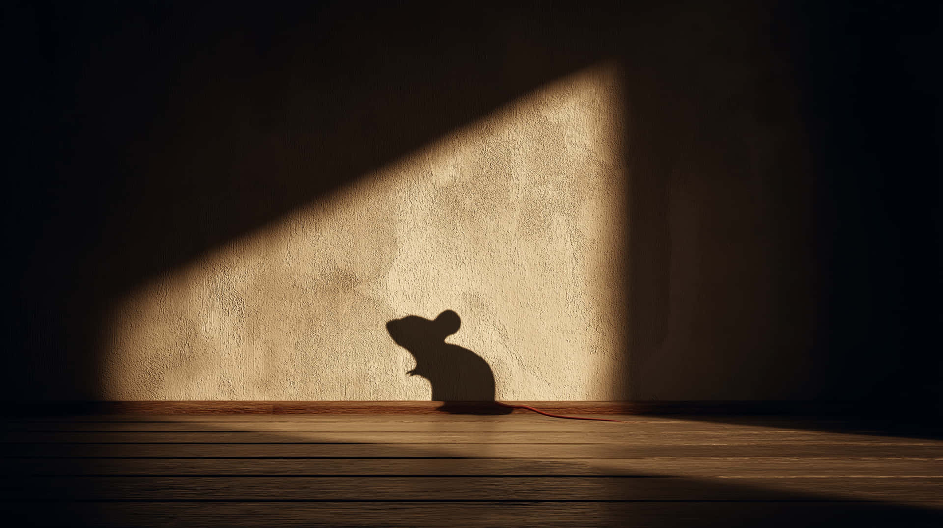 Cartoon Mouse Shadow on Textured Wall with Light Beam 壁紙 — 在昏暗房間中，陽光照射在有紋理的牆角及木地板上投射出的老鼠影子。
