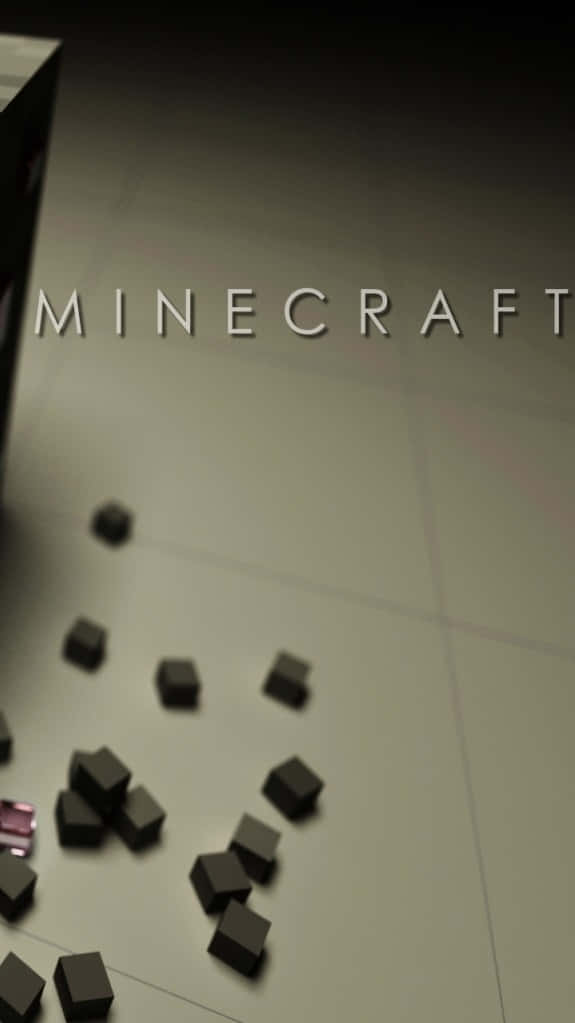 電玩遊戲 桌布 壁紙 — 在昏暗燈光下，Minecraft標誌和散落的黑色方塊在瓷磚地板上。