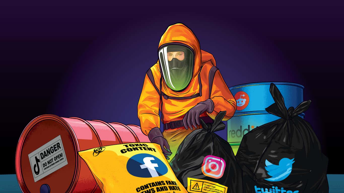 Social Media Logos 桌布 壁紙 — 在昏暗燈光下，一名穿著防護服的人處理有毒廢物桶和社交媒體品牌的垃圾袋。