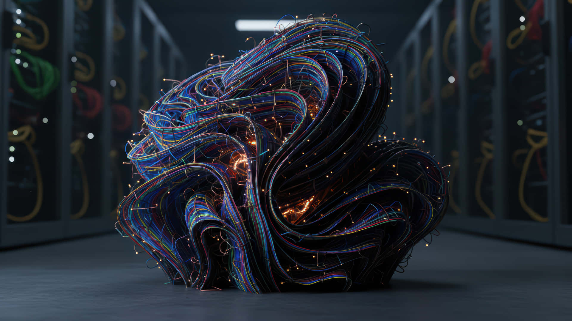 Wired Bloom modded wallpaper for desktop Enhancement, 壁紙 — 在昏暗的伺服器機房中，多色光纖電纜的發光纏結形成了一個旋轉的抽象雕塑。