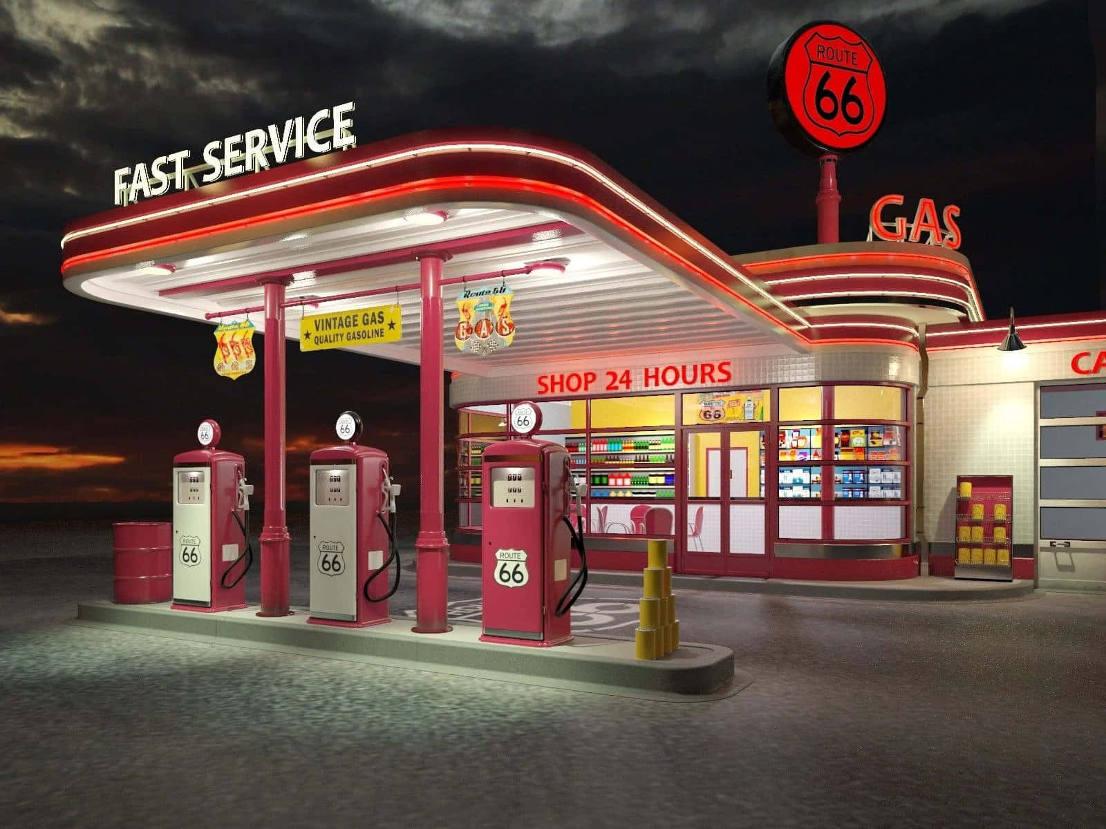 Petrol Station 桌布 壁紙 — 在昏暗的天空下，66號公路上一個發光的紅色復古加油站，帶有霓虹燈招牌和復古油泵，在黃昏時分閃耀。