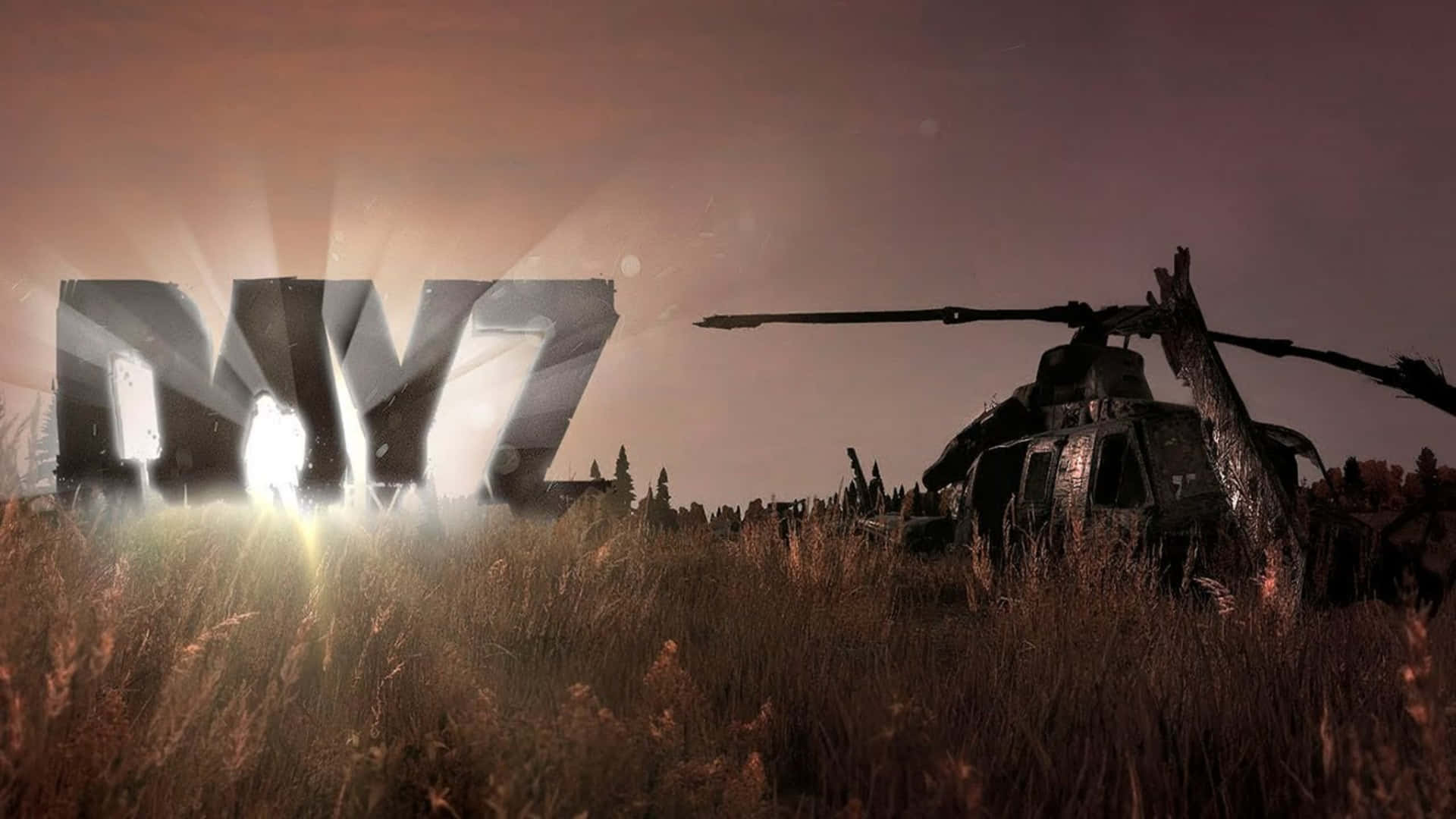 電玩遊戲 桌布 壁紙 — 在昏暗的天空下，一個發光的「RV7」標誌從高草叢中在一架墜毀的直升機旁邊出現。
