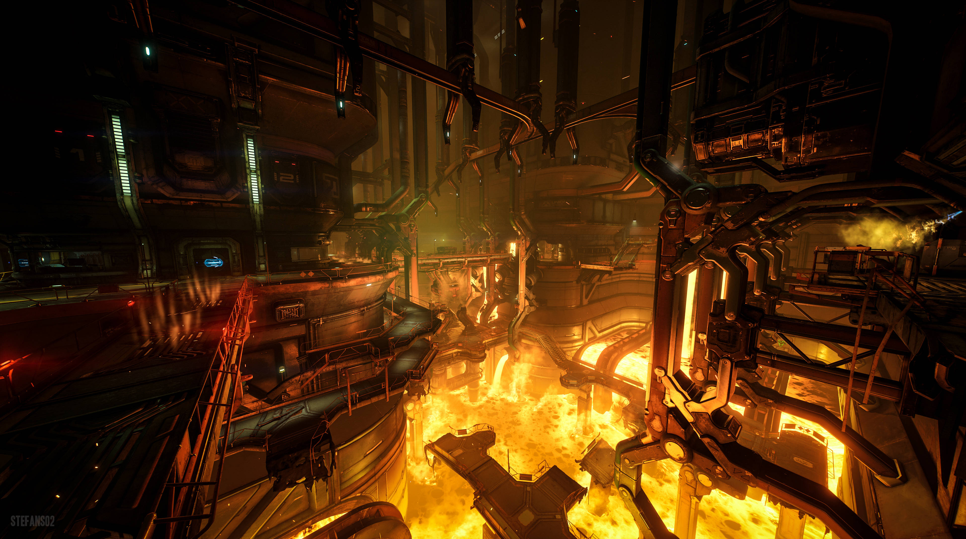 Doom 4K 桌布 壁紙 — 在昏暗的工廠中，一個熾熱的工業熔爐在複雜的管道和機械網絡下發光。