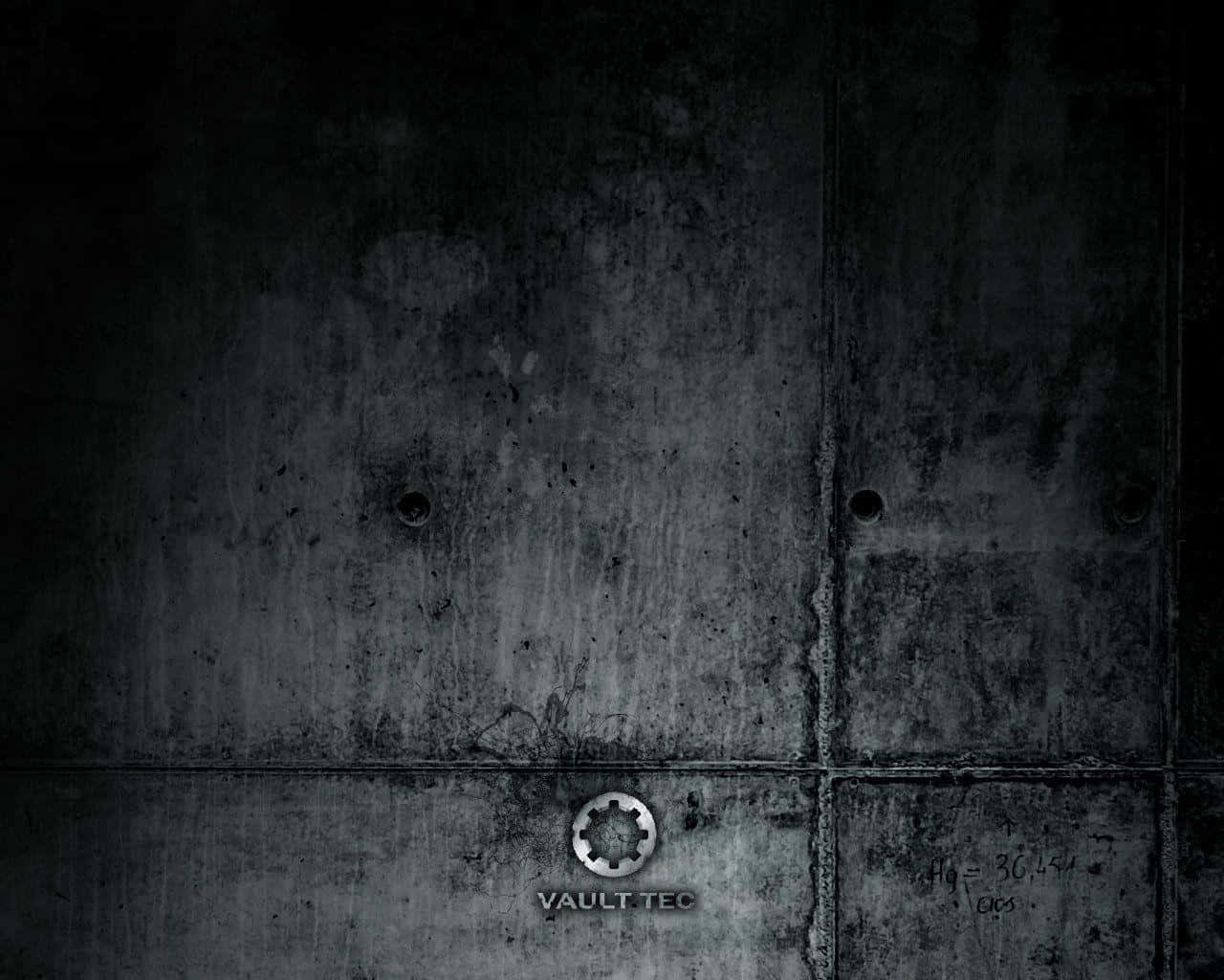 Vault-tec 桌布 壁紙 — 在昏暗的工業環境中，一面帶有 Vault-Tec 標誌和螺栓孔的深色粗糙混凝土牆。