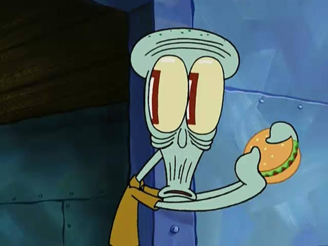 Tentacles 桌布 壁紙 — 在昏暗的房間裡，Squidward 拿著一個吃了一半的漢堡，表情震驚。