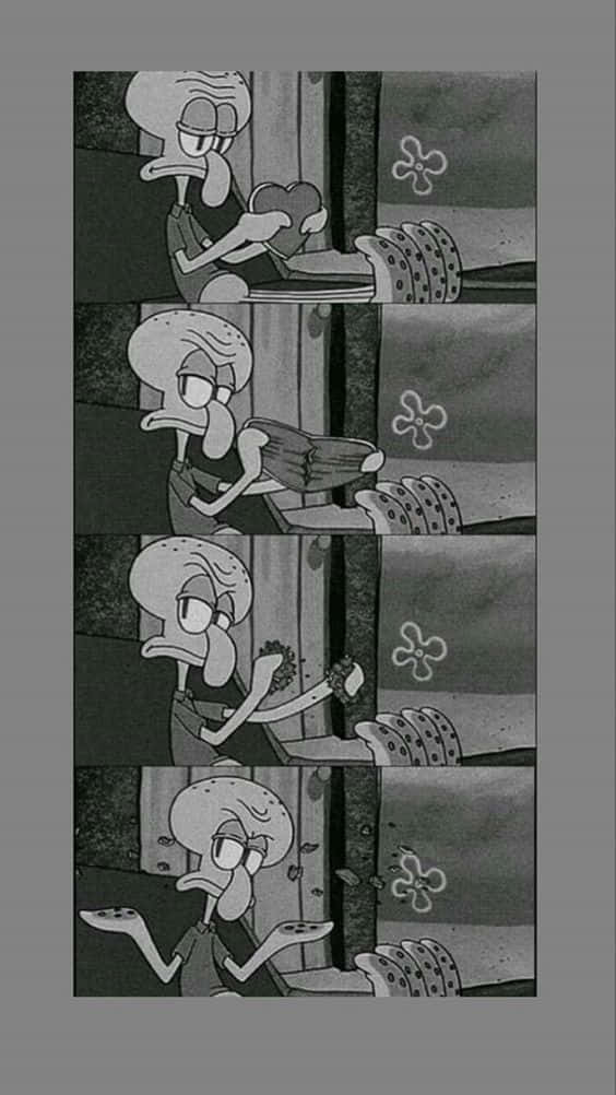 Aesthetic Squidward 桌布 壁紙 — 在昏暗的房間裡，有花紋牆壁和附近一堆盤子，Squidward 正在吹奏薩克斯風。