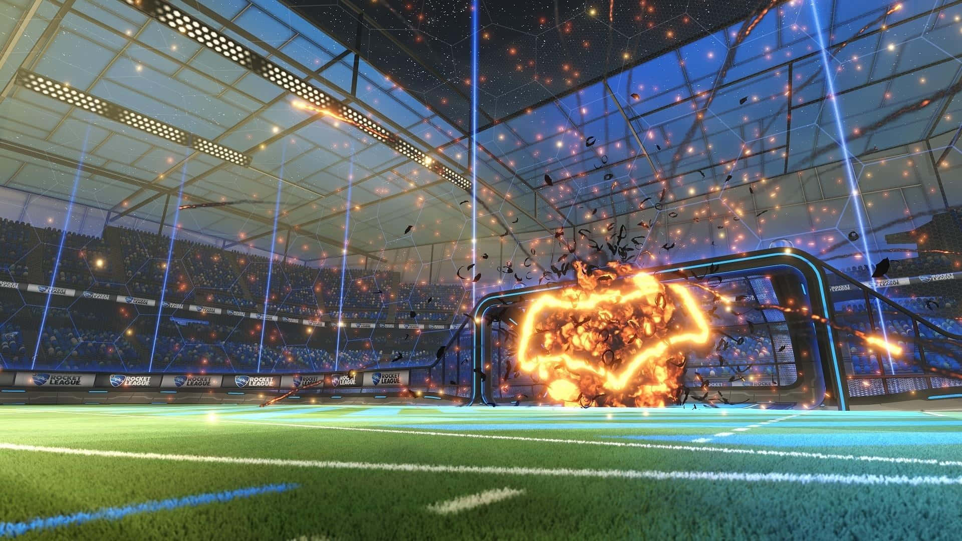 1080p Rocket League 桌布 壁紙 — 在星光下，一個發光的愛心形爆炸從未來主義體育場的足球球門中噴出。