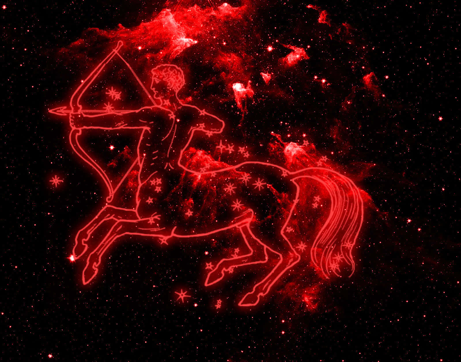 sagittarius 桌布 壁紙 — 在星光宇宙背景上，騎著半人馬的射手座發出紅色光芒的星座輪廓。