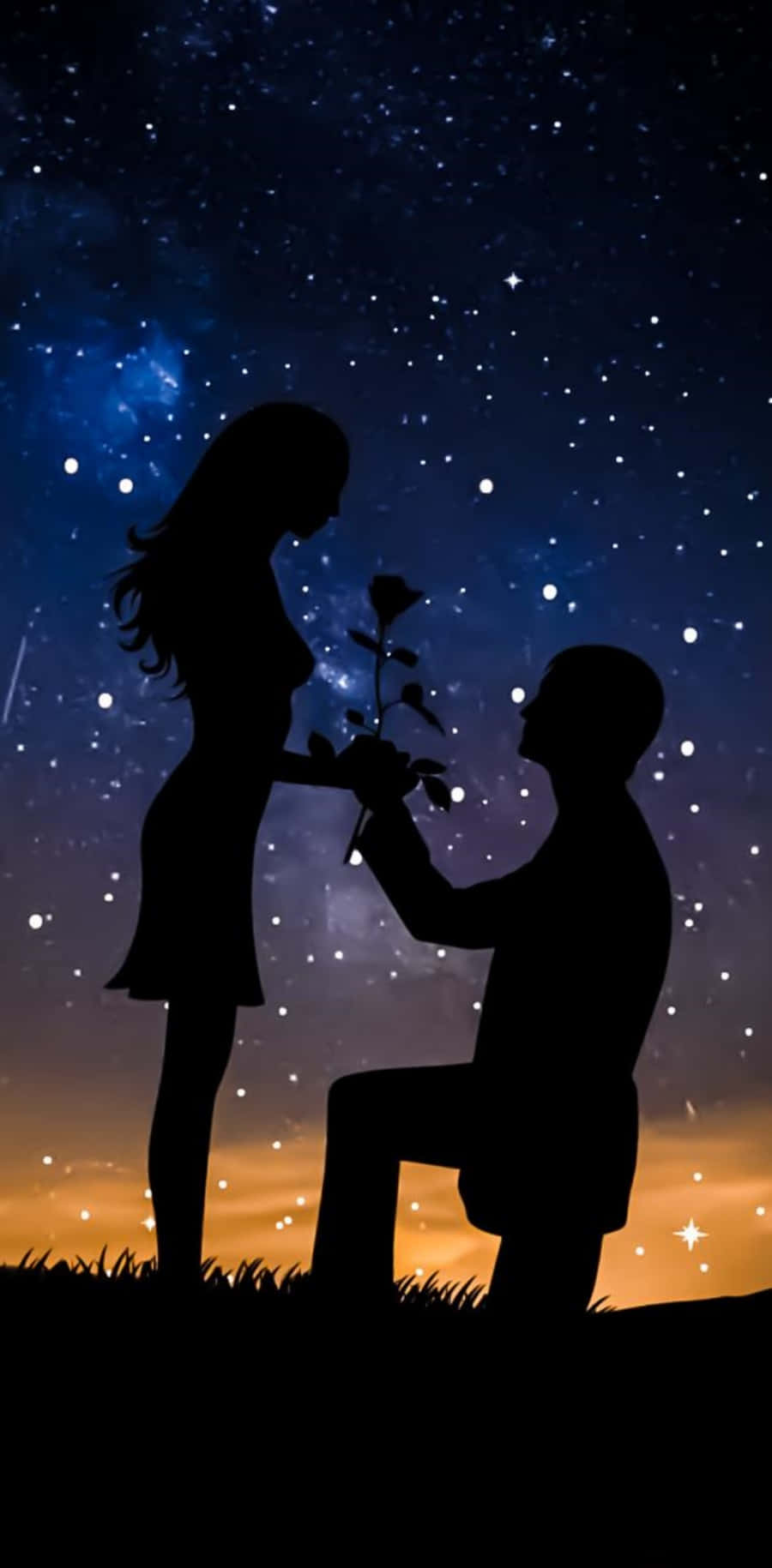lover 桌布 壁紙 — 在星光燦爛的暮色天空下，一個男人跪著向一個女人獻上一朵玫瑰，剪影映襯著宇宙色調。