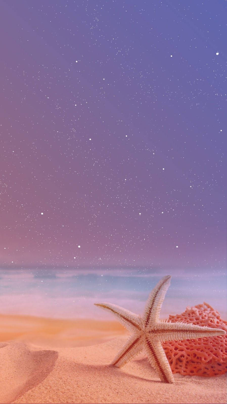 Starfish 桌布 壁紙 — 在星光燦爛的暮色天空下，一隻海星躺在沙灘上，旁邊是珊瑚，天空混合了紫色和粉紅色調。