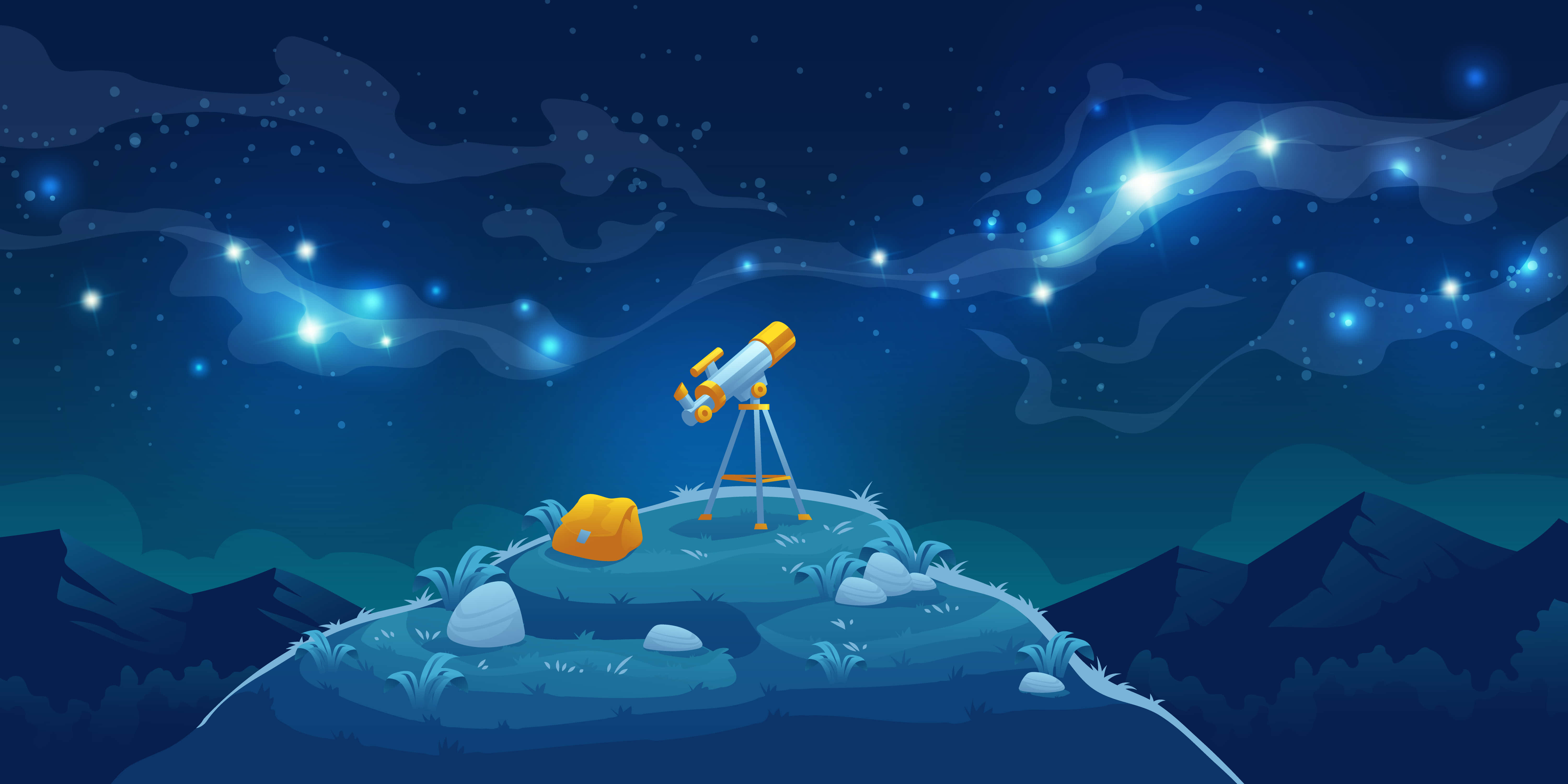 Cartoon Science 桌布 壁紙 — 在星光閃爍的夜空下，白雪覆蓋的山頂上，三腳架上放著一個黃色望遠鏡，周圍有發光的雲彩。