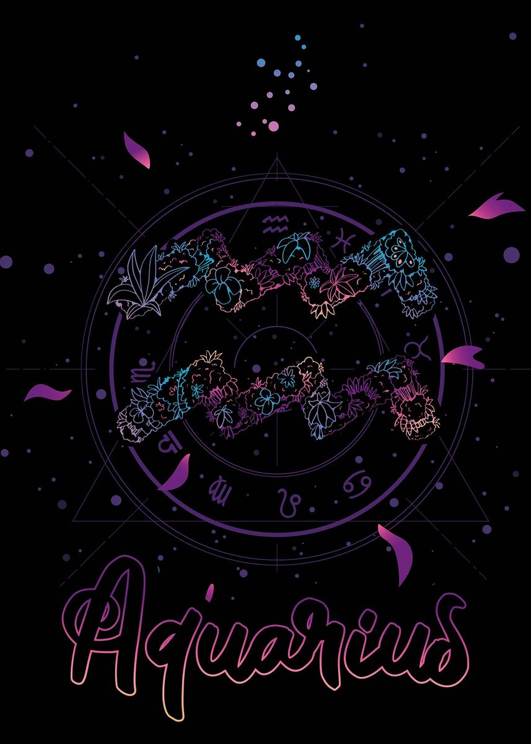 aquarius 桌布 壁紙 — 在星光閃爍的黑色背景上，一個發光的霓虹水瓶座星座符號，飾有花卉圖案和宇宙元素。