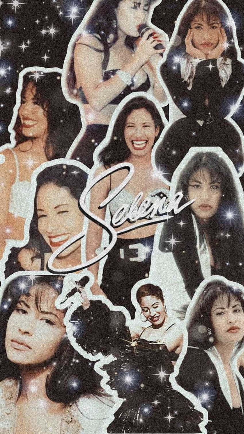 Selena Quintanilla iPhone 桌布 壁紙 — 在星光閃爍的黑色背景上，用Selena Quintanilla的標誌性照片拼貼成閃爍的collage。