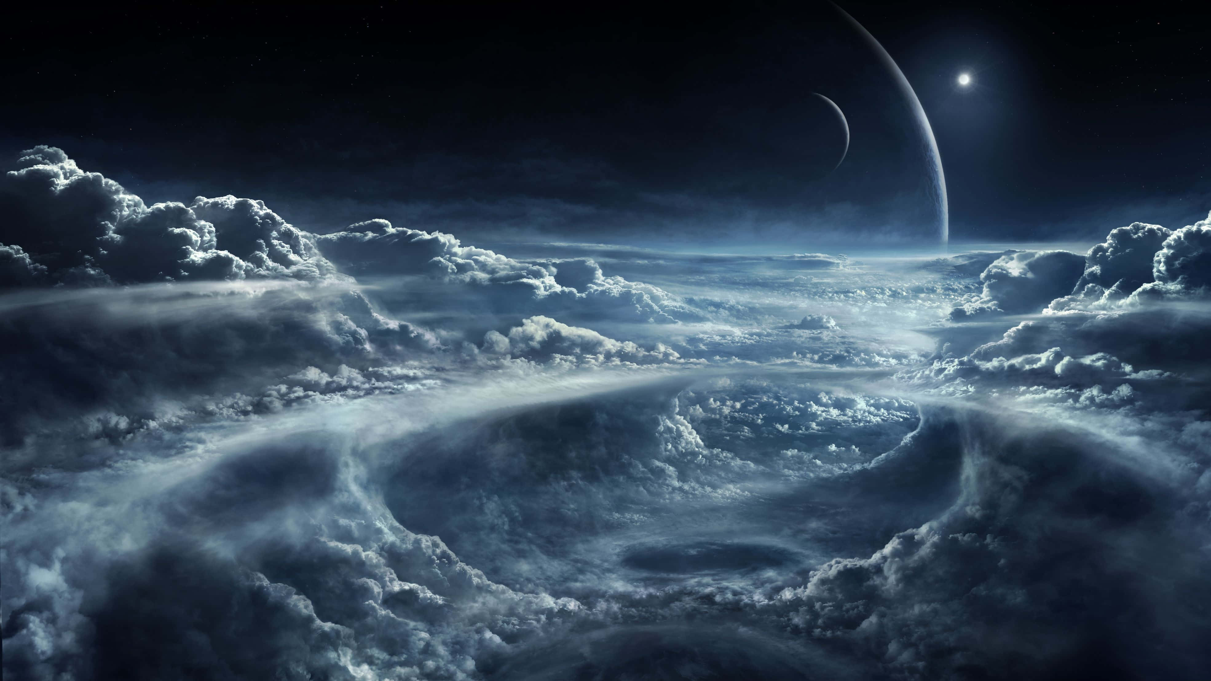 Clouds Aesthetics 桌布 壁紙 — 在星夜中，新月和遙遠行星下翻騰的雲海。