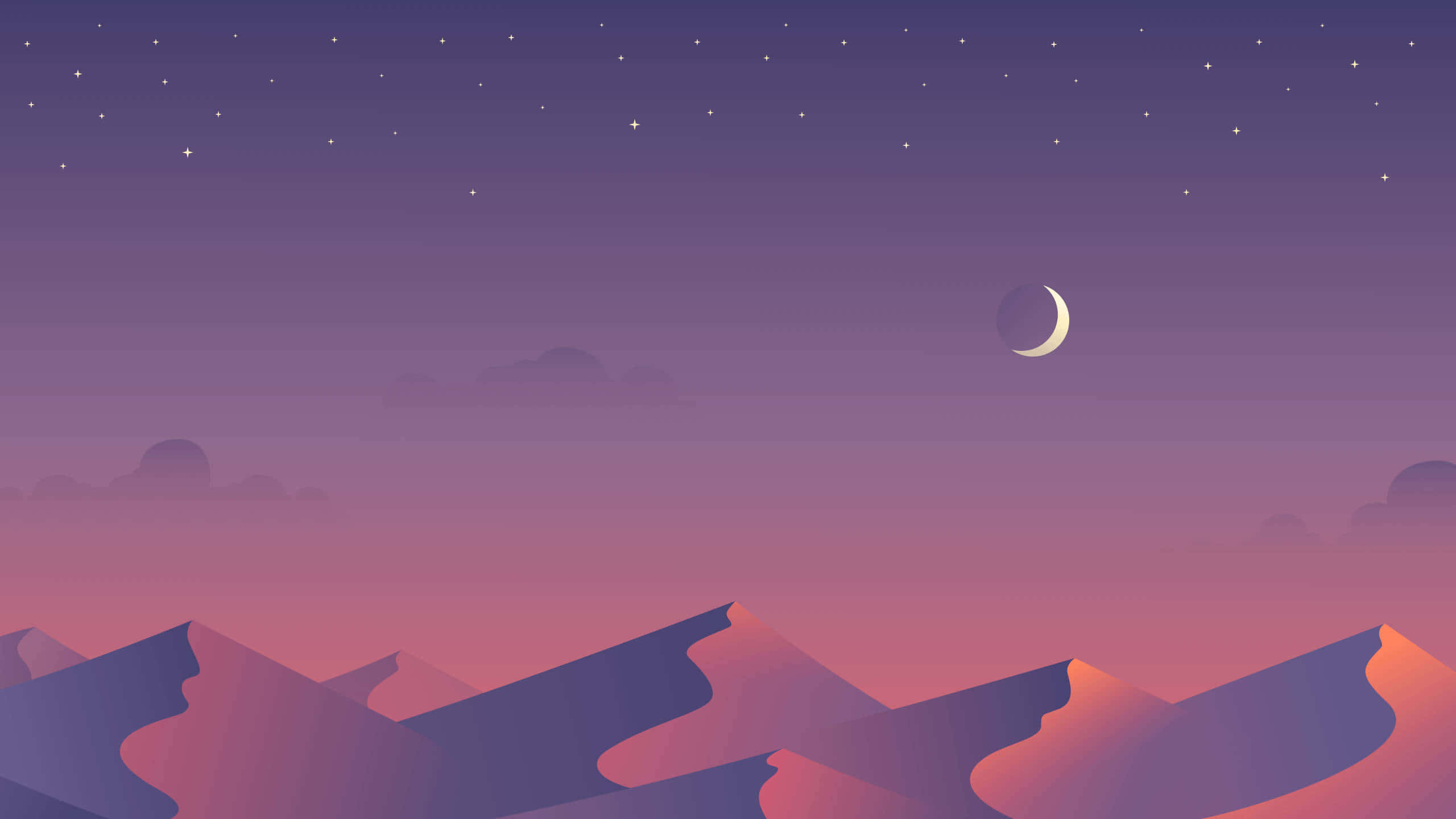 Aesthetic Night Sky 桌布 壁紙 — 在星夜與新月下，紫色和粉紅色山巒剪影的寧靜數位插圖。